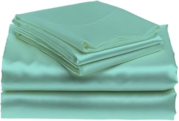 Split Head Bed Sheet Set Cal King 4 Pcs - Adjustable Split-Cal King Size Aqua Blue 100% Solid Satin Sheets - Split Head Sheets - Split Down 28 inches from The top