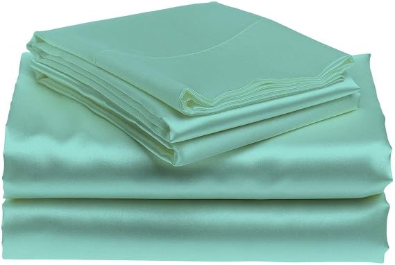 Split Head Bed Sheet Set Cal King 4 Pcs - Adjustable Split-Cal King Size Aqua Blue 100% Solid Satin Sheets - Split Head Sheets - Split Down 28 inches from The top