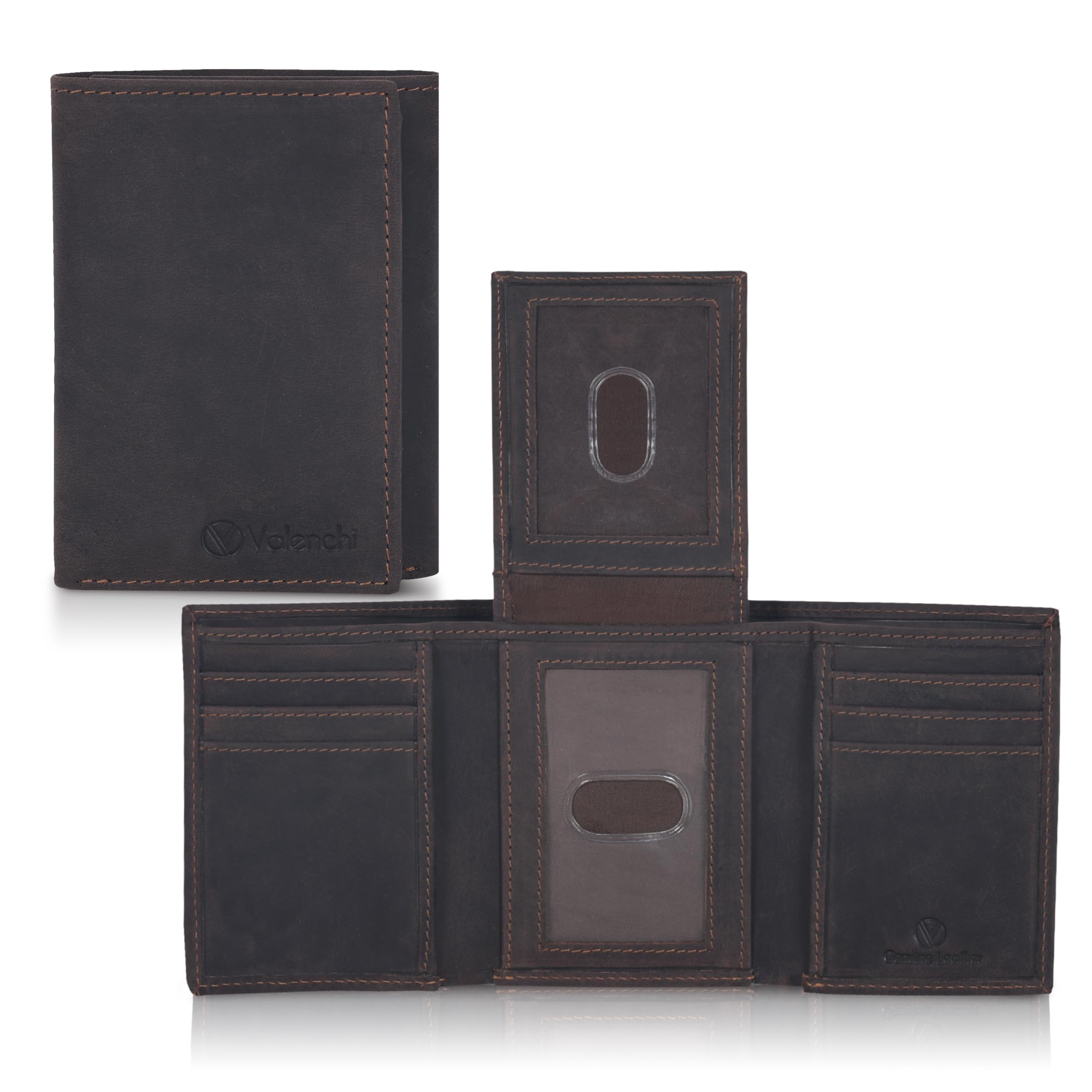 VALENCHI Genuine Real Leather Trifold Men's Wallet - With Card Holder Slots, ID Window and Currency Compartment - Christmas Gifts For Men (BROWN OILY