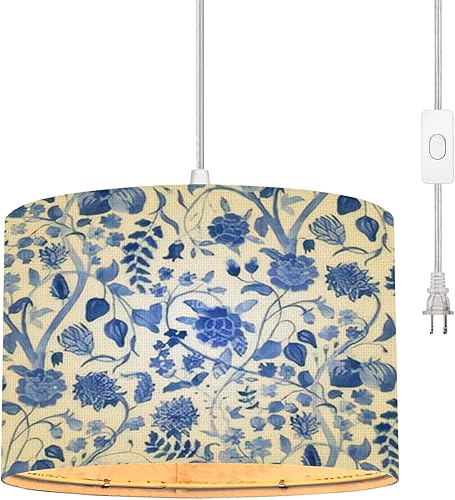 Lámpara colgante de acuarela azul vintage con flores, frutas, bayas, chino, bohemio, lámpara colgante con cable de enchufe, interruptor regulable de