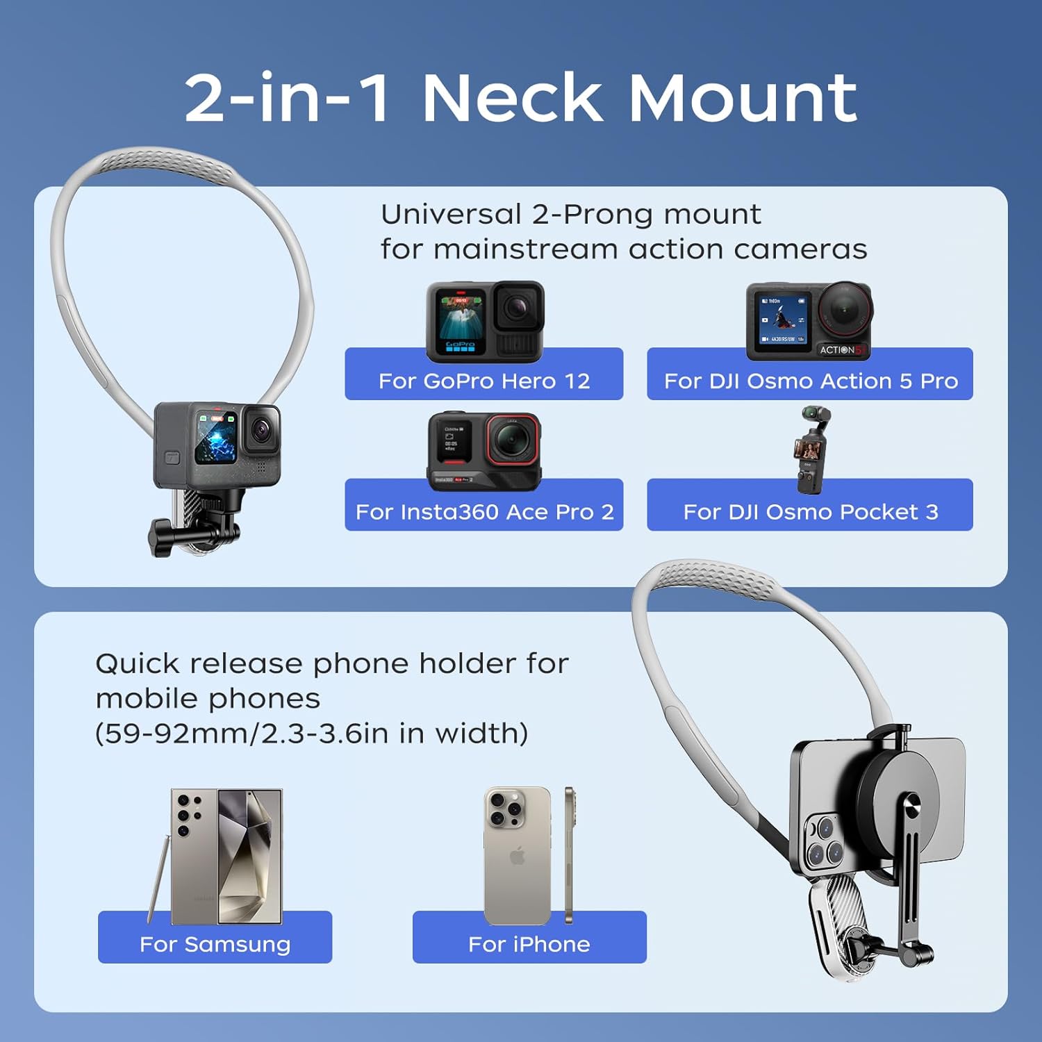 FUNSNAP Magnetic Neck Mount for Go Pro Phone Holder, Quick Release POV Video Vlog Flexible Angle Necklace Holder for GoPro Hero 13 12 11 10 9 Insta360 X3 X4 DJI Action 3 4 5 Pro iPhone Android