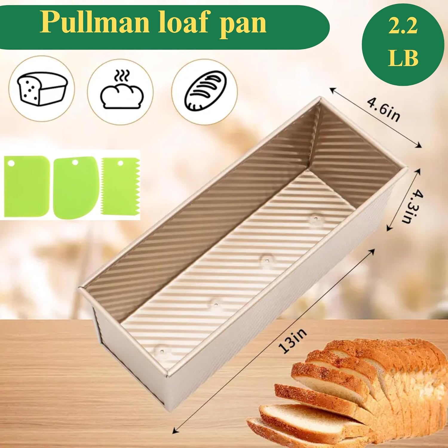 Pullman Loaf Pan with Lid, Non-Stick Bread Pan with 3 Dough Scrapers, Rectangle Pullman Loaf Tin for Sandwich & Sourdough Bread Baking