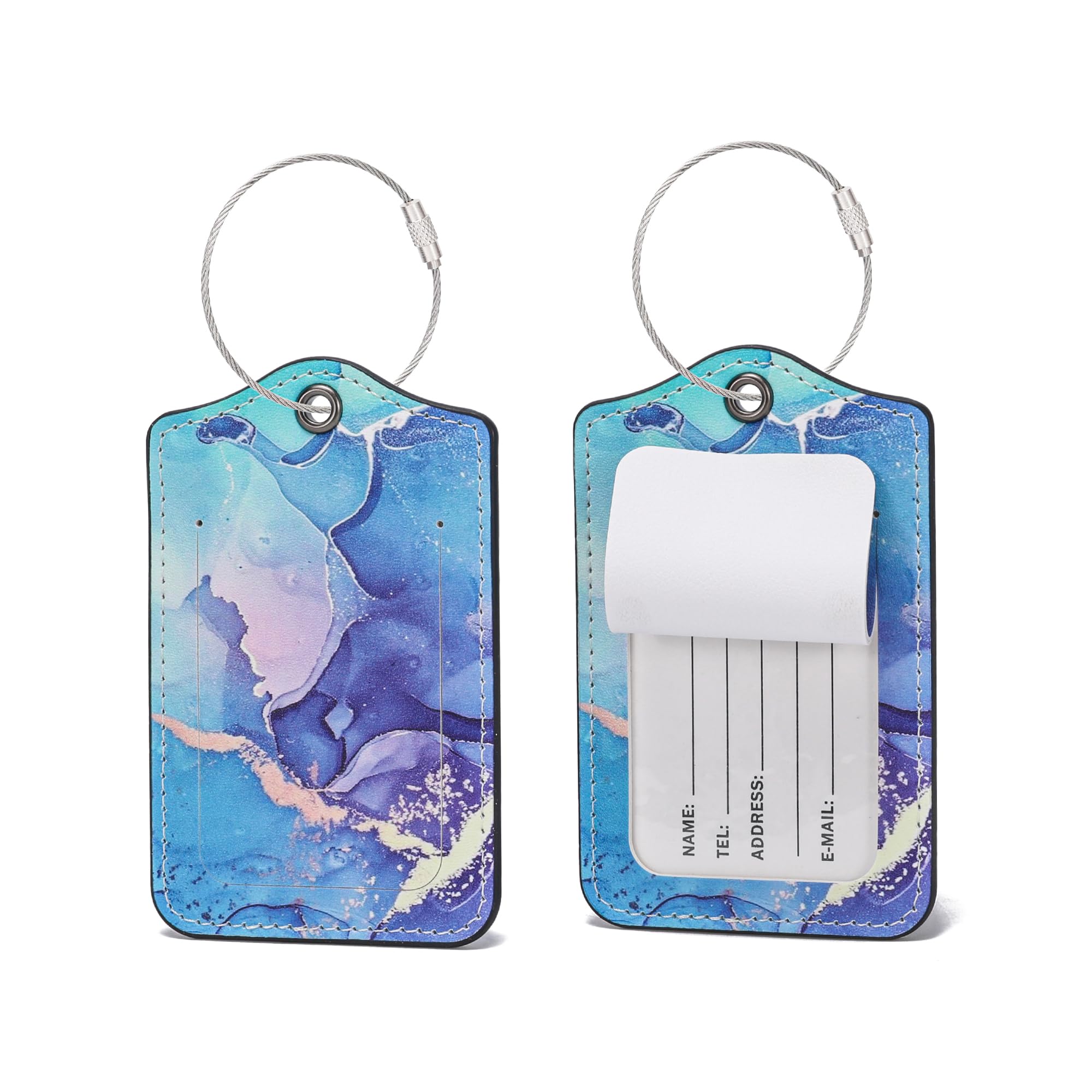 2 Pack PU Leather Luggage Tags for Suitcases with Privacy Shield and Name ID Tag Address Card and Stainless Steel Loop for Baggage Tag for Cruise