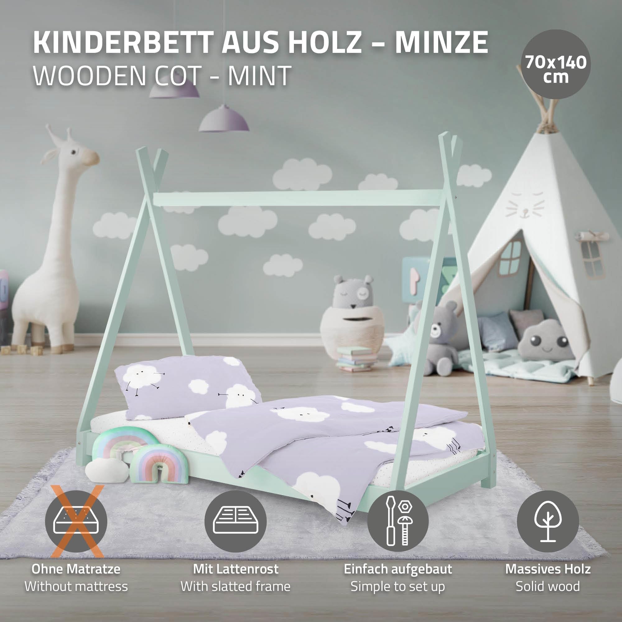 ML-Design Kinderbett Tipi 70 x 140 cm mit Lattenrost, Mint, Indianer Bett aus Massivholz, Hausbett für Mädchen und Jungen, Kinderhaus Jugendbett Holzbett Bettenhaus Spielbett Bettgestell Zelt Holz