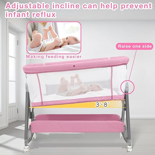 Miniatura 5 de Cuna rosa para bebé niña, moisés junto a la cama con colchón y ruedas para recién nacidos y bebés, altura ajustable con malla transpirable y