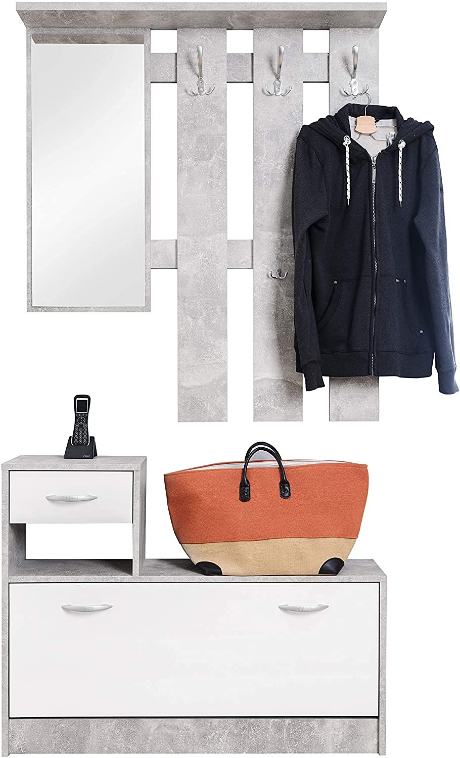 My Brand Germanvox - Mobile da Ingresso moderno, Panca con scarpiera e specchio, Entratina con cassetto e appendiabiti, L.100 P.25 H.180 cm, Bianco e Grigio Cemento