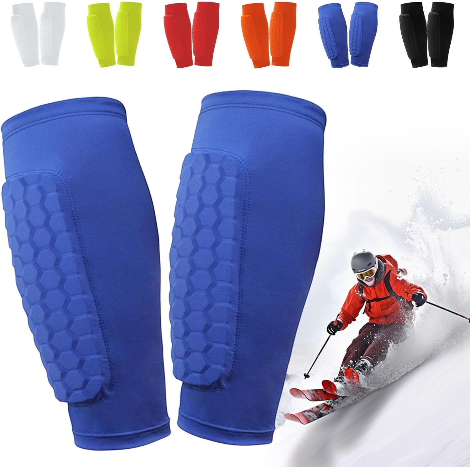 Ski Shin Guards Gel, Ski Guard Socks, Ski Guards Shin Pads, Shin Defender, Breathable Elastic Gel Guard Anti Collision for Skiing, Legs Protection, Suitable for Boys, Teenagers, Adults (Blue, L)