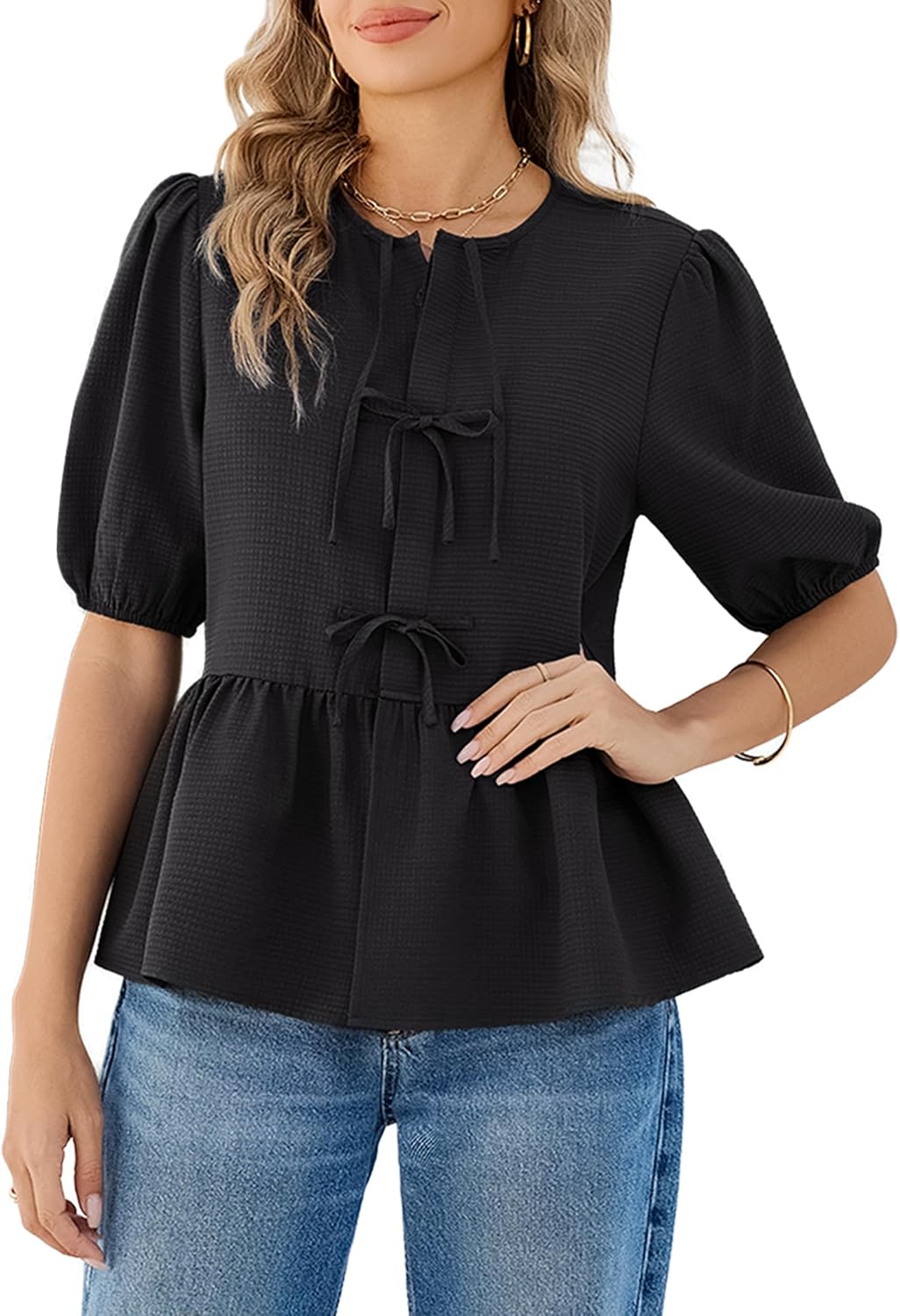 siliteelon Women's Babydoll Tops Peplum Blouse with Tie Front & Puff Sleeve Cute Summer Trendy Shirts - Image 2
