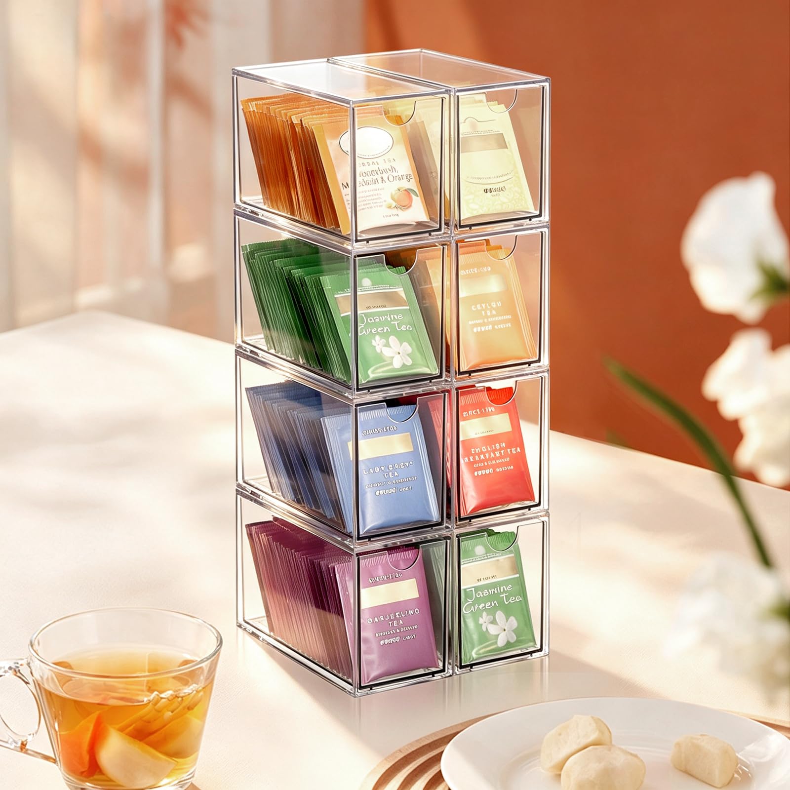 ELLDOO Organiseur de sachets de thé à 8 tiroirs, en acrylique transparent empilable, support de rangement pour sachets de thé de cuisine, garde-manger, rangement pour dosettes de café, collations pour