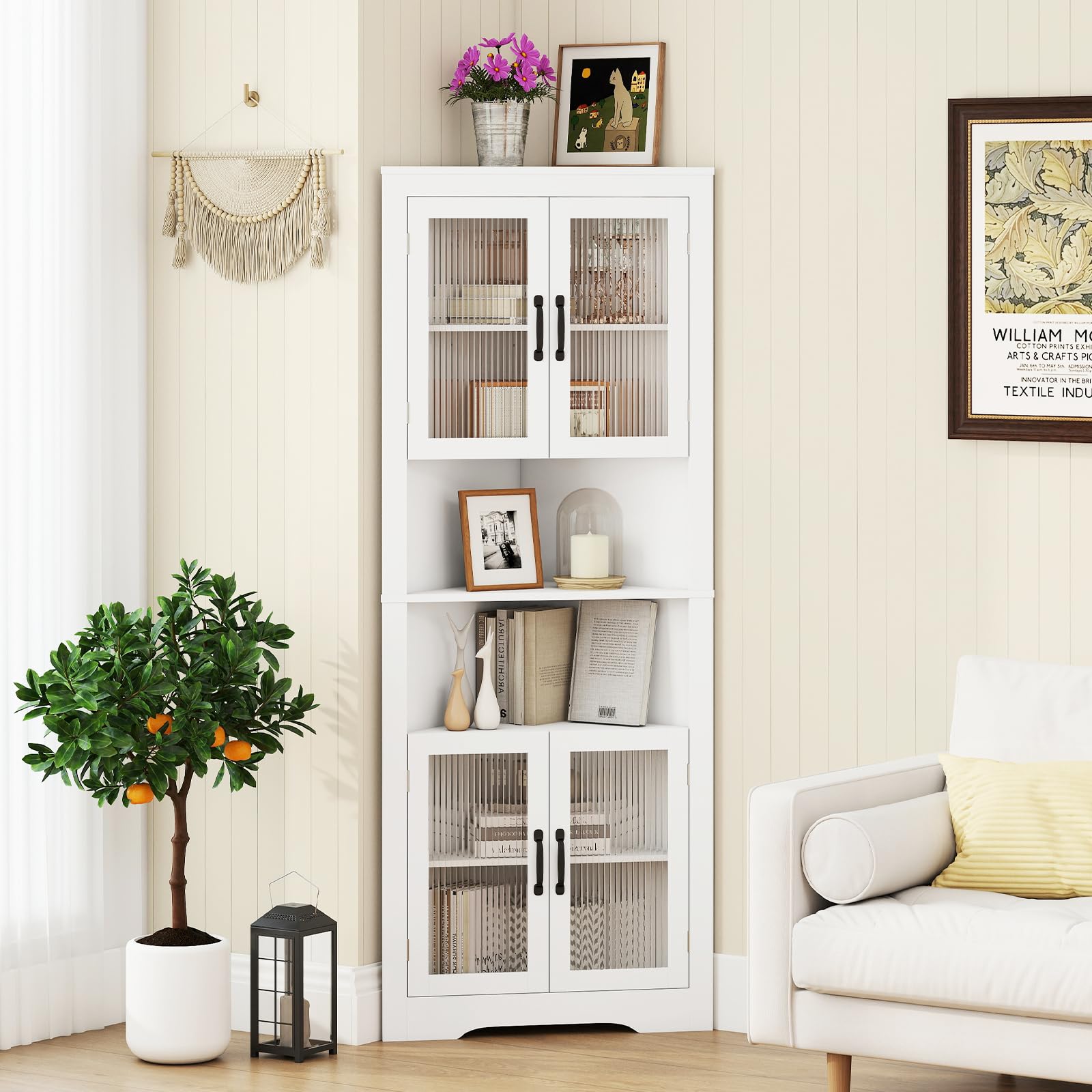 COSTWAY 6-tier Corner Cabinet, 171cm Tall Triangular Storage Cabinet with 4 Tempered Glass Doors, Adjustable Shelves & Anti-tipping device, Space Saving Wooden Sideboard Shelving Unit (White) — image 1