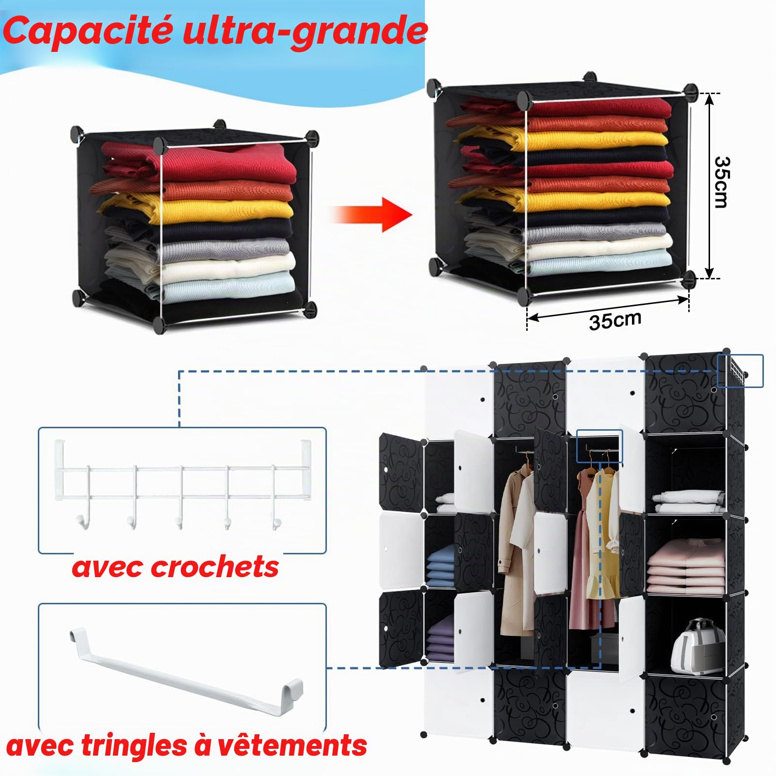 YRHome Système d'étagères DIY - Armoire avec porte - Système d'étagères enfichables - Noir et blanc (20 boîtes avec armoire)