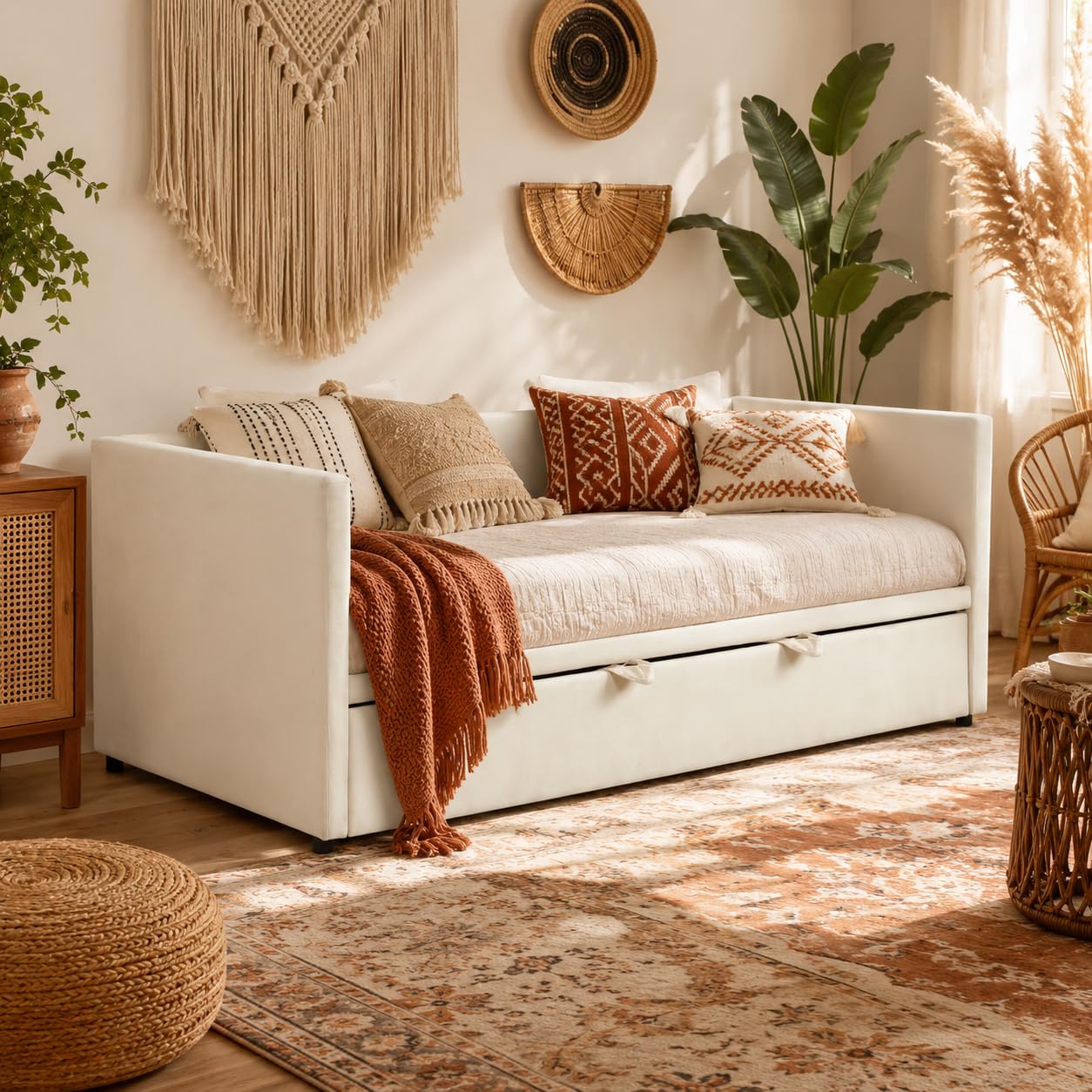 Cama tapizada, sofá cama extensible para 2 personas, cama nido de la misma altura, sofá cama con somieres y respaldo, cama multifunción, tela de terciopelo, sin colchón (beis, 90/180 x 200 cm)