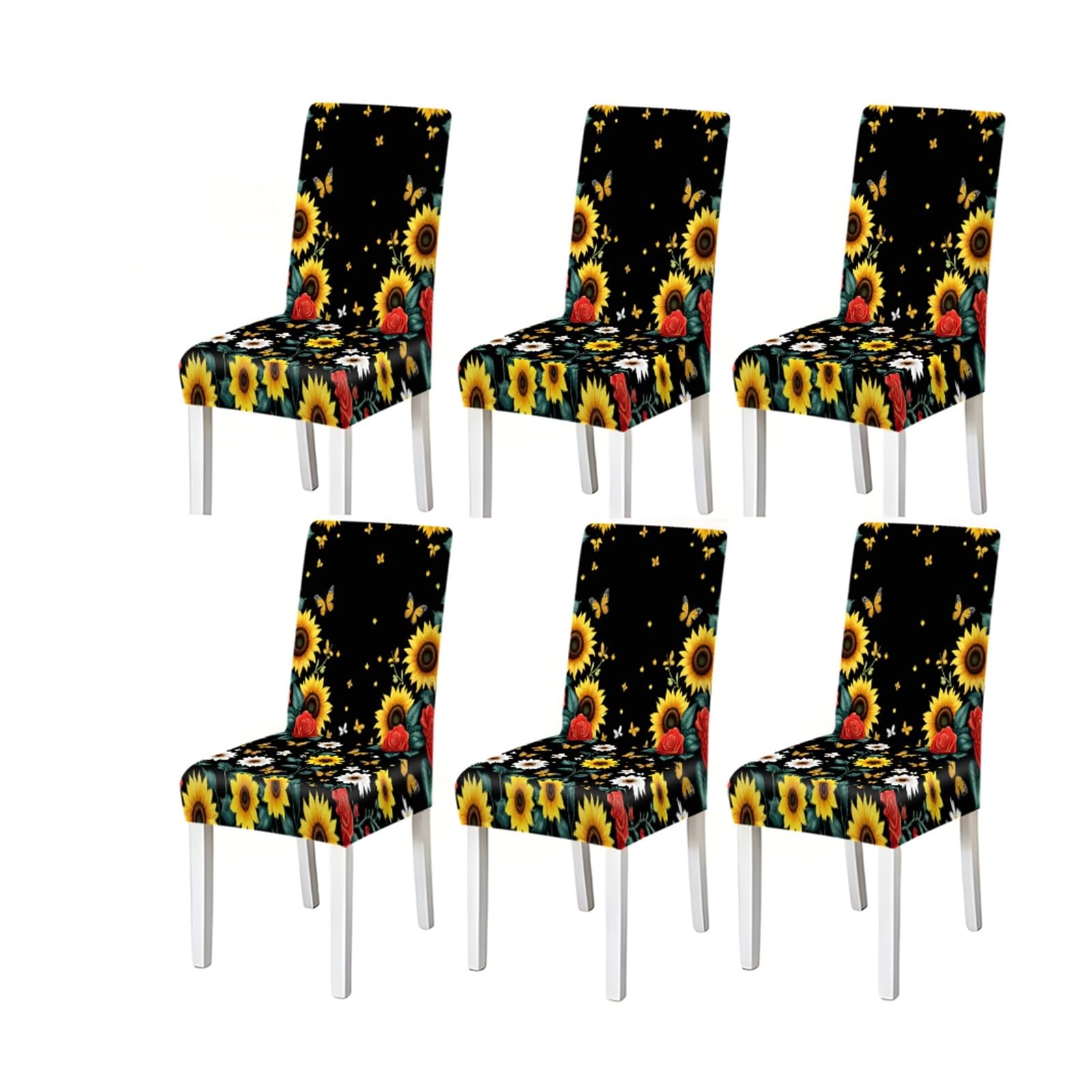 Sunflower Butterfly Chair Covers Set Of 2/4/6, Stretch Dining Chair Slipcovers, Farmhouse Floral Home Decor Removable Stretch Slipcovers for Dining Chairs(6PCSChair cover)