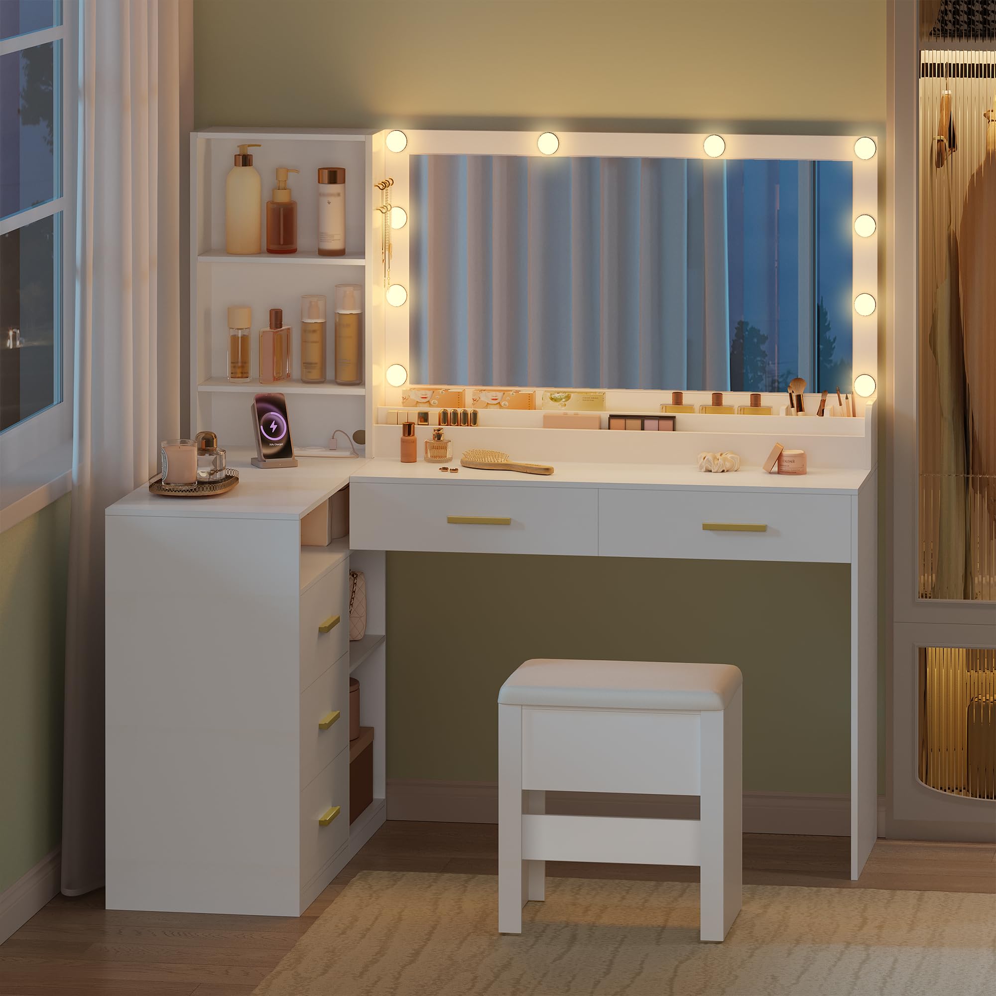 HEXCELEN Tocador de Maquillaje con Espejo LED, Brillo Ajustable, Mesa de Maquillaje con Toma de Corriente, Tocador con Taburete, 5 Cajones, Estantes de Almacenamiento, 40 × 120 × 139 cm, Blanco