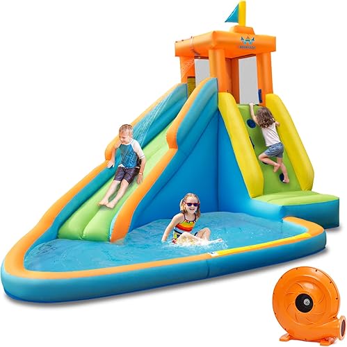 HONEY JOY Tobogán inflable de agua casa de rebote para niños con tobogán largo pared de escalada gran piscina de salpicaduras incluye bolsa de