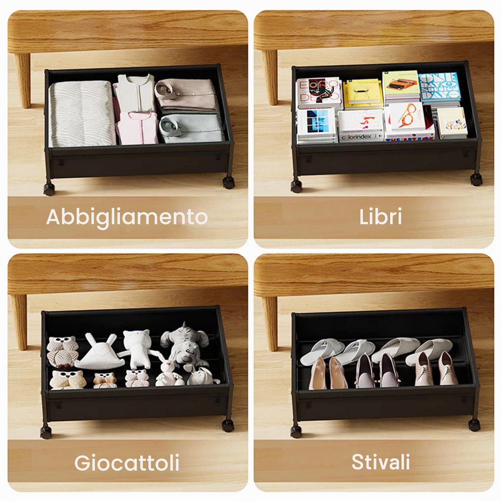 2 contenitori sotto il letto con ruote e coperchio, telaio in metallo, pieghevole, per vestiti, scarpe, coperte, biancheria da letto