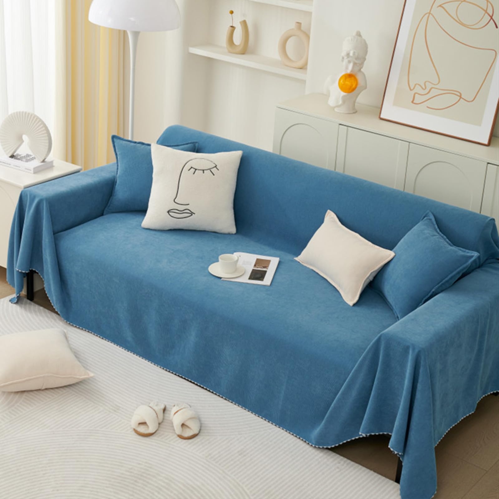 Sofa Cover, Chenille Sofa Cover, Multifunctional Sofa Blanket, Reversible Sofa Protector, Four Seasons Sofa Cushion 180 x 280 cm-Blue