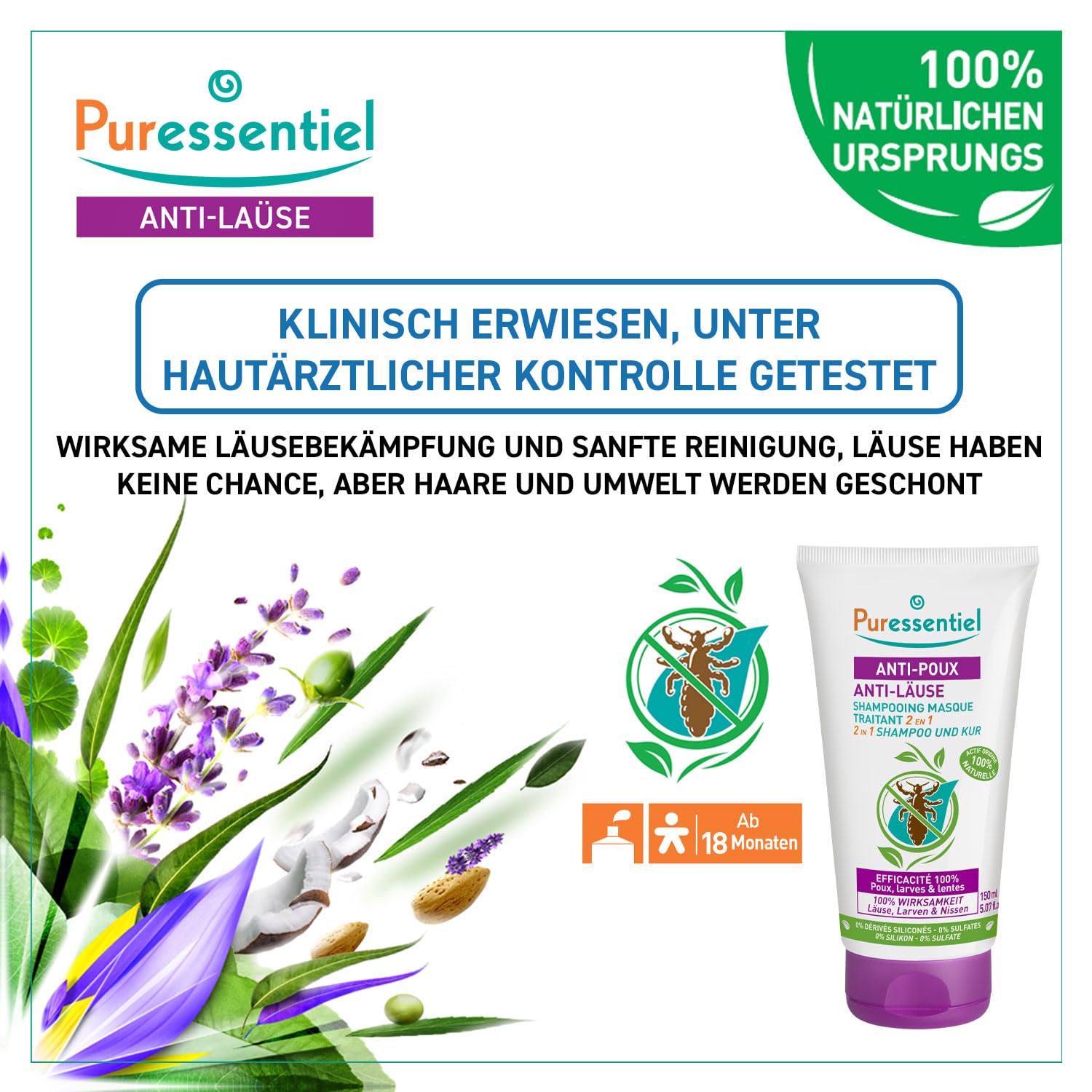 Puressentiel - Anti-Läuse Shampoo-Maske 2 in 1 mit Kamm - Natürliche Behandlung gegen Läuse, Larven, Nissen – Wirkstoff 100% natürlichen Ursprungs - 150 ml