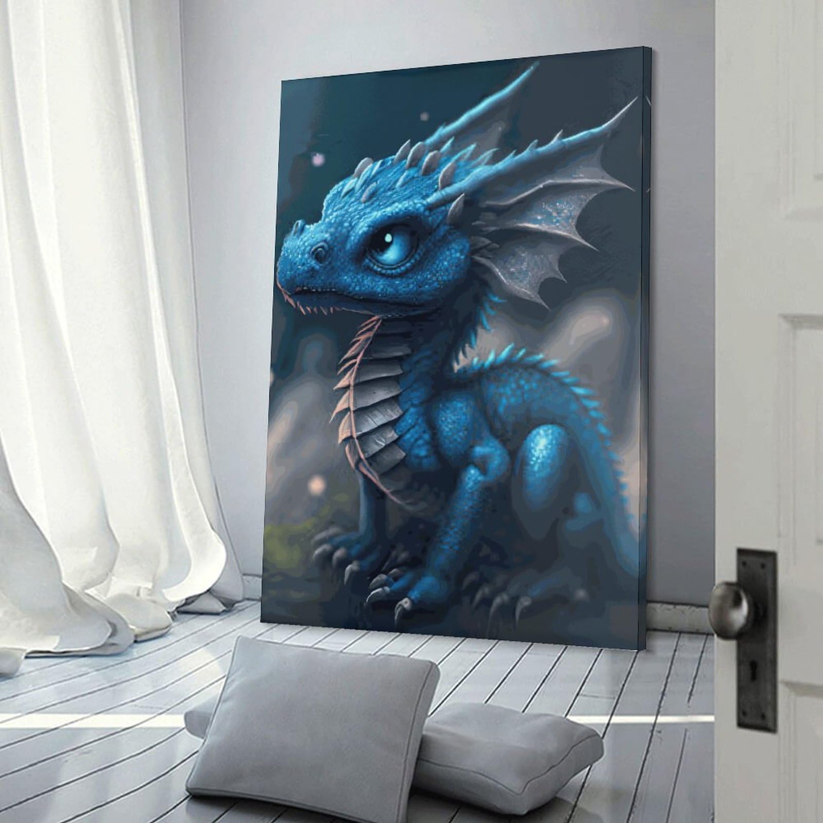 Junmoney Frame-Style-8 Blue Dragon Fantasy Artwork Canvas Wall Art 12X18inch(30X45cm), For Workspace Walls, Study Corners Or Bedrooms, Wall Art That Adds Style To Work Areas