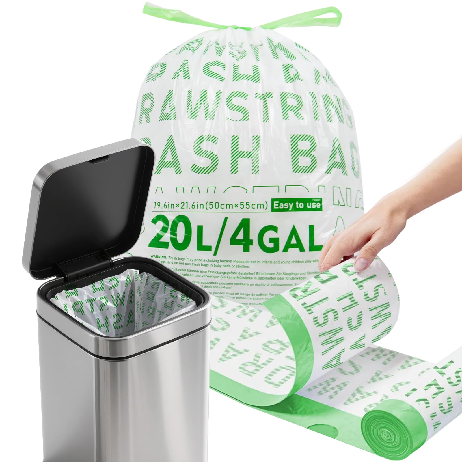 OKKEAI 60 Sacchetti Spazzatura Piccoli 20L Bianchi con Manici a Cordoncino - Sacchetti Immondizia Pretagliati, Buste Spazzatura Resistenti, Antistrappo, Impermeabili, Fondo Anti-Perdite, per Casa