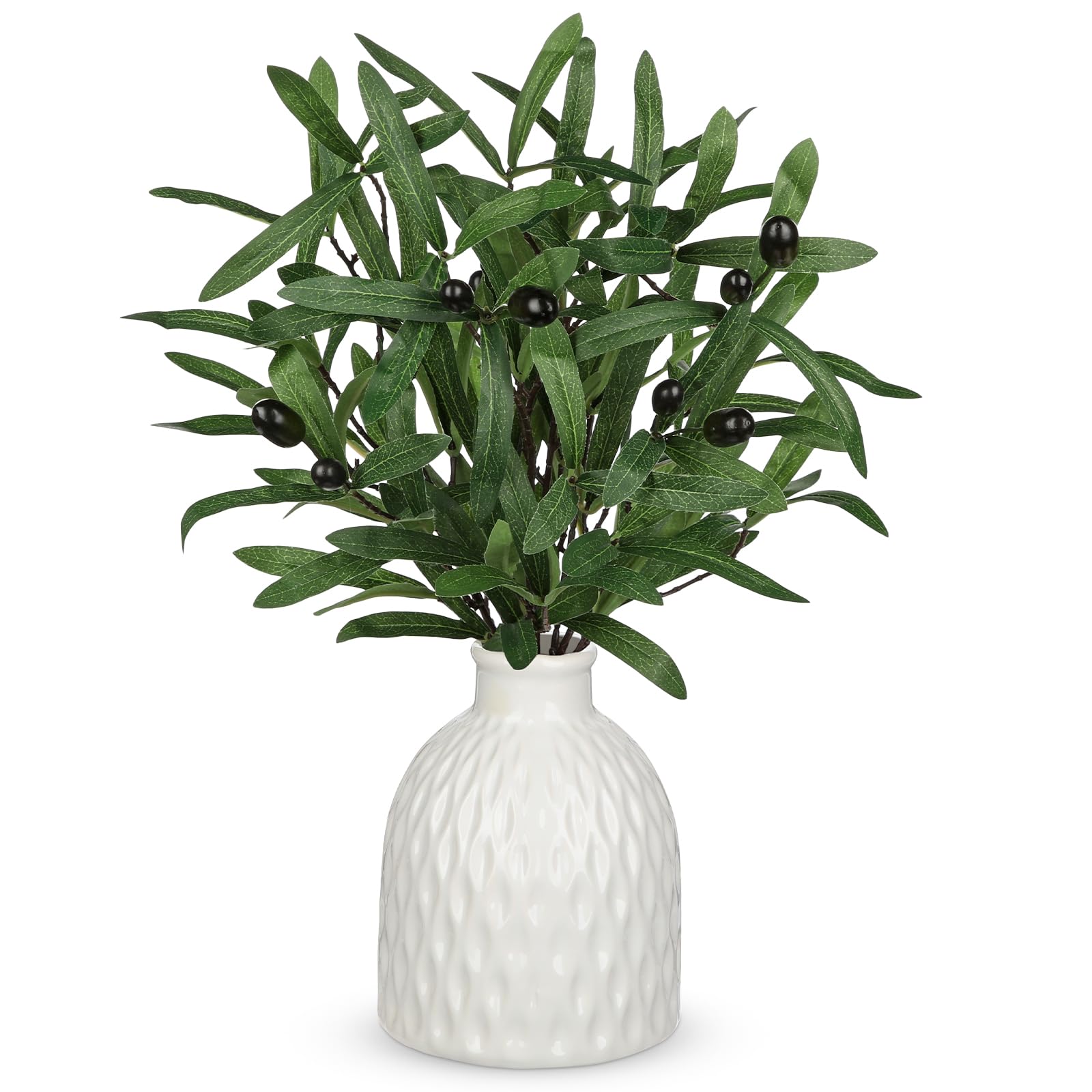 Oairse Artificial Olive Branches in Rustic Ceramic Vase 16.9” Faux Olive Greenery Stems Fake Potted Plant for Farmhouse Home Living Room Bathroom Kitchen Table Centerpiece Decor