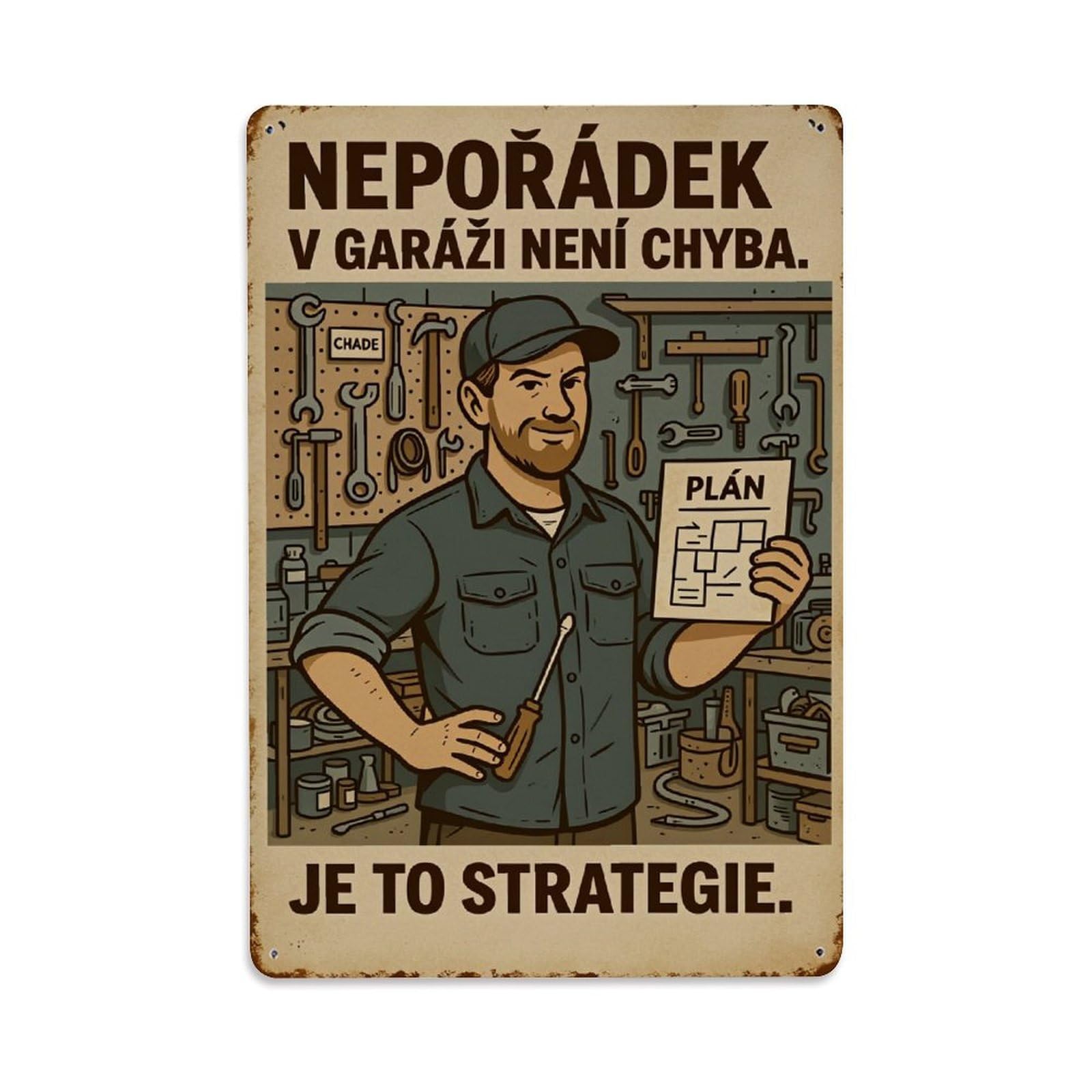 Enderetf Vintage Man Holding Plan In Garage Tin Sign Metal Poster, Home Bar Garage Man Cave Cafe Indoor & Outdoor Wall Decoration 8X12inches