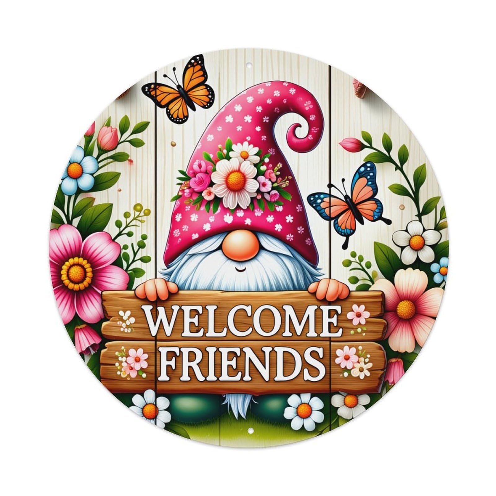 Garden Gnome Floral Butterflies Welcome Round Tin Sign Vintage Metal Poster, Home Bar Garage Man Cave Cafe Indoor & Outdoor Wall Decoration 8x8Inches