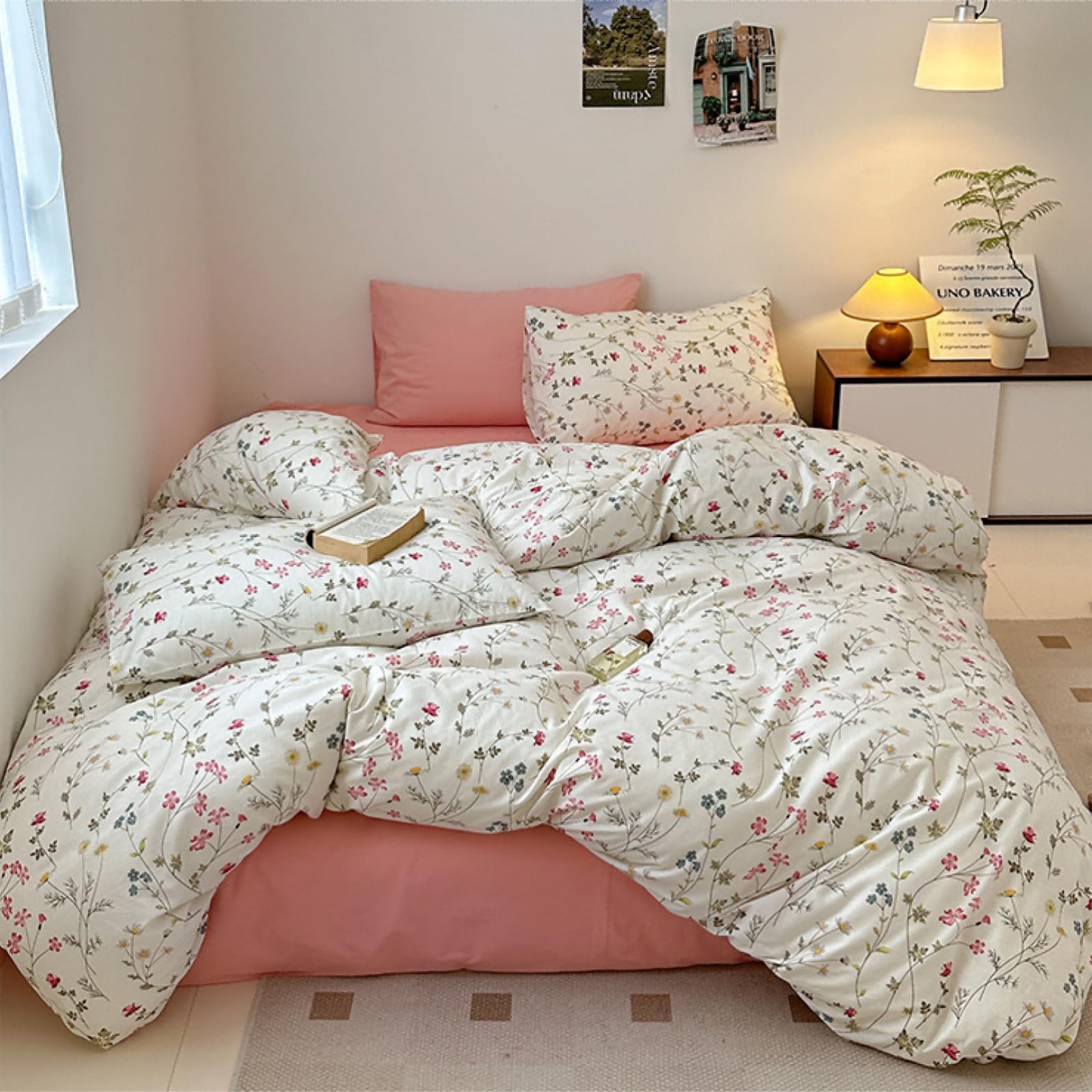 Freyamy Blumen Bettwäsche 135x200 Baumwolle Beige Rosa Bunt Floral Bettwäsche-Sets Mädchen Blumenmuster ÖKO-TEX Bettbezug 1 Deckenbezug mit Reißverschluss und Kissenbezug 80x80cm