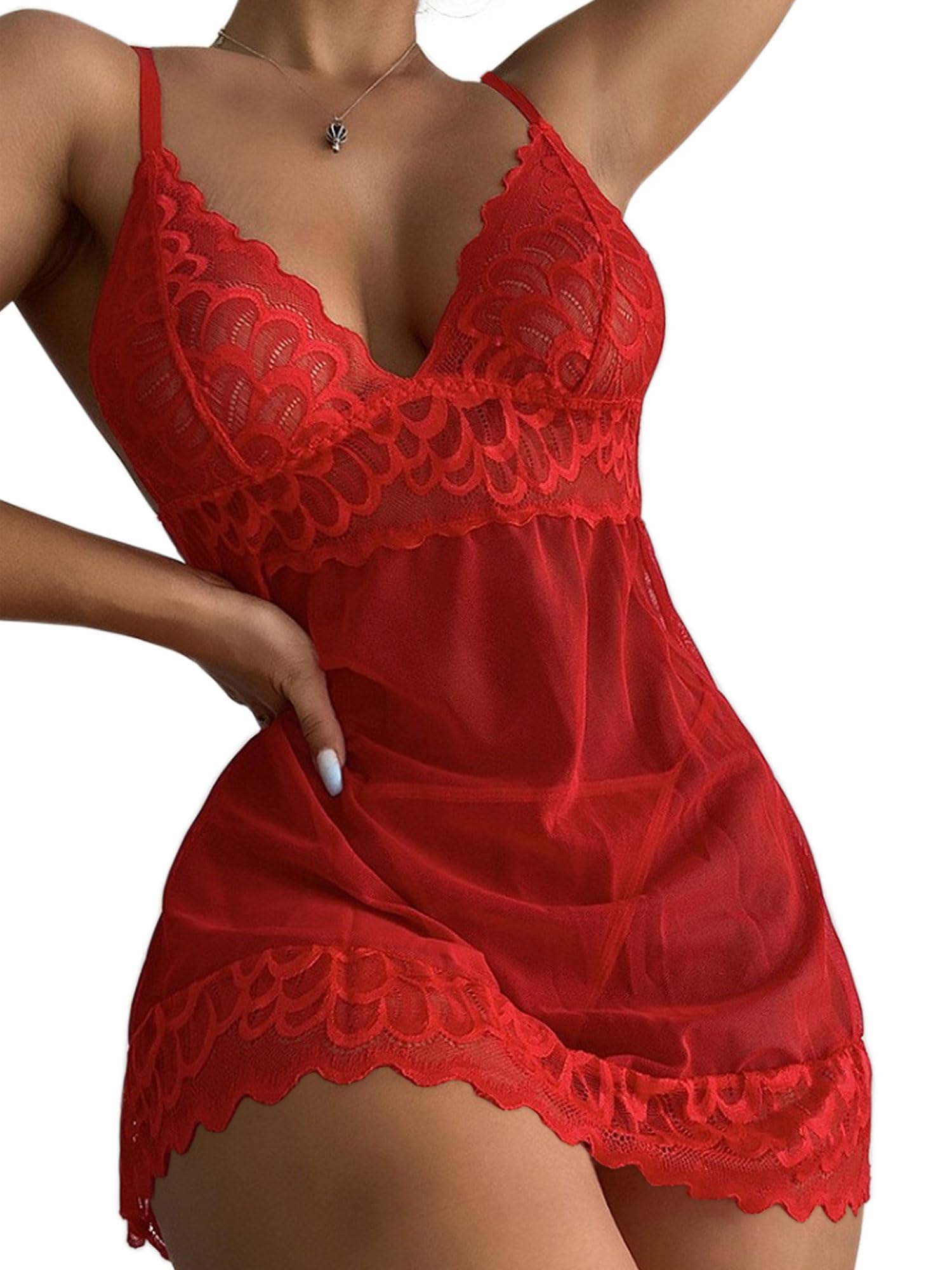 Sexy Lingerie Women's Babydoll Lingerie Nightdress Short Women's Underwear Sexy Set Negligee Lingerie V-Neck Translucent Lace Sleepwear Dress with Thong Valentine's Day