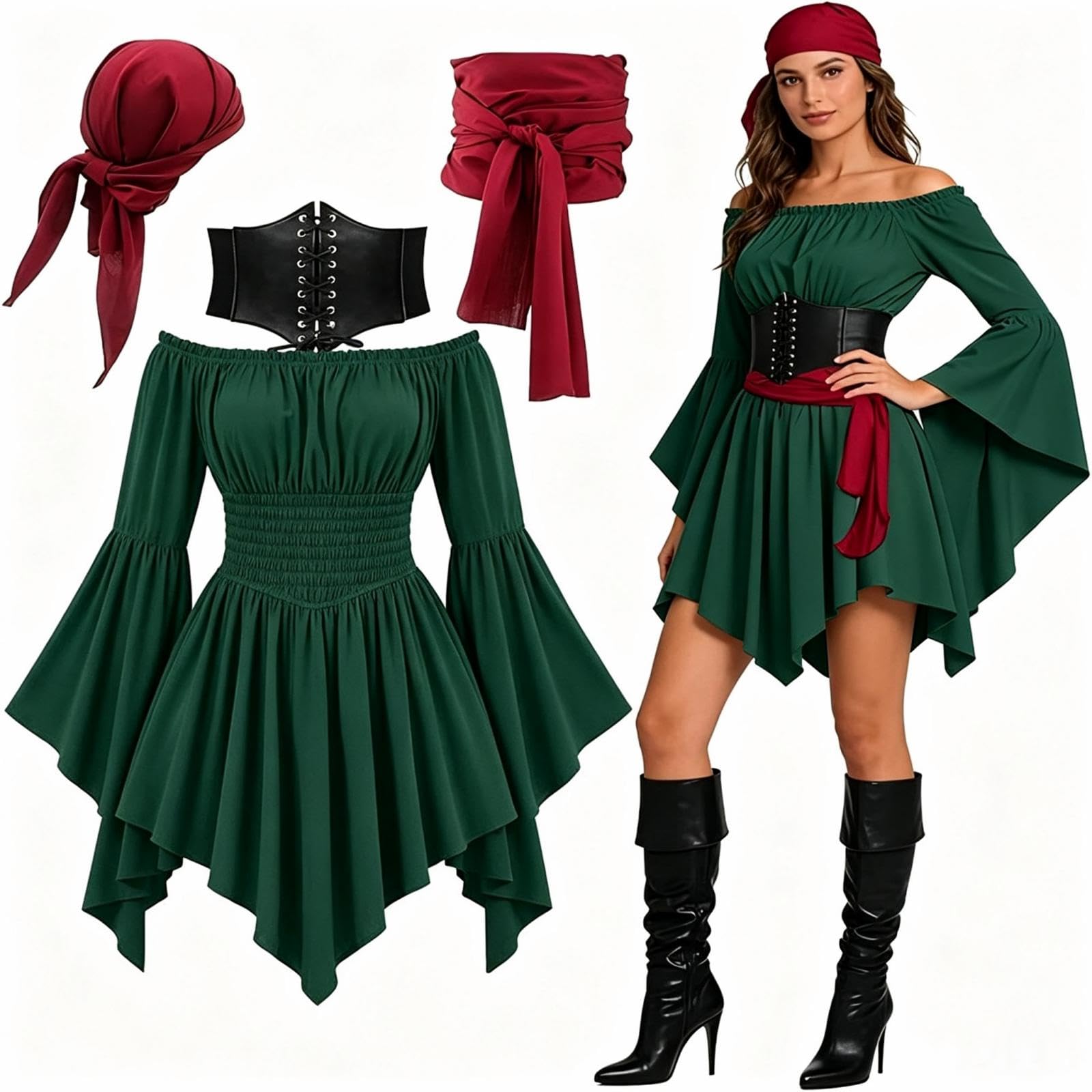 Pirate Costume Women 4 PCS Adult Halloween Costume Off Shoulder Gothic Dress Set Fancy Dress Head Scarf and Corset With Lace-Up Front Medieval Costumes Renaissance Cosplay Party Outfits