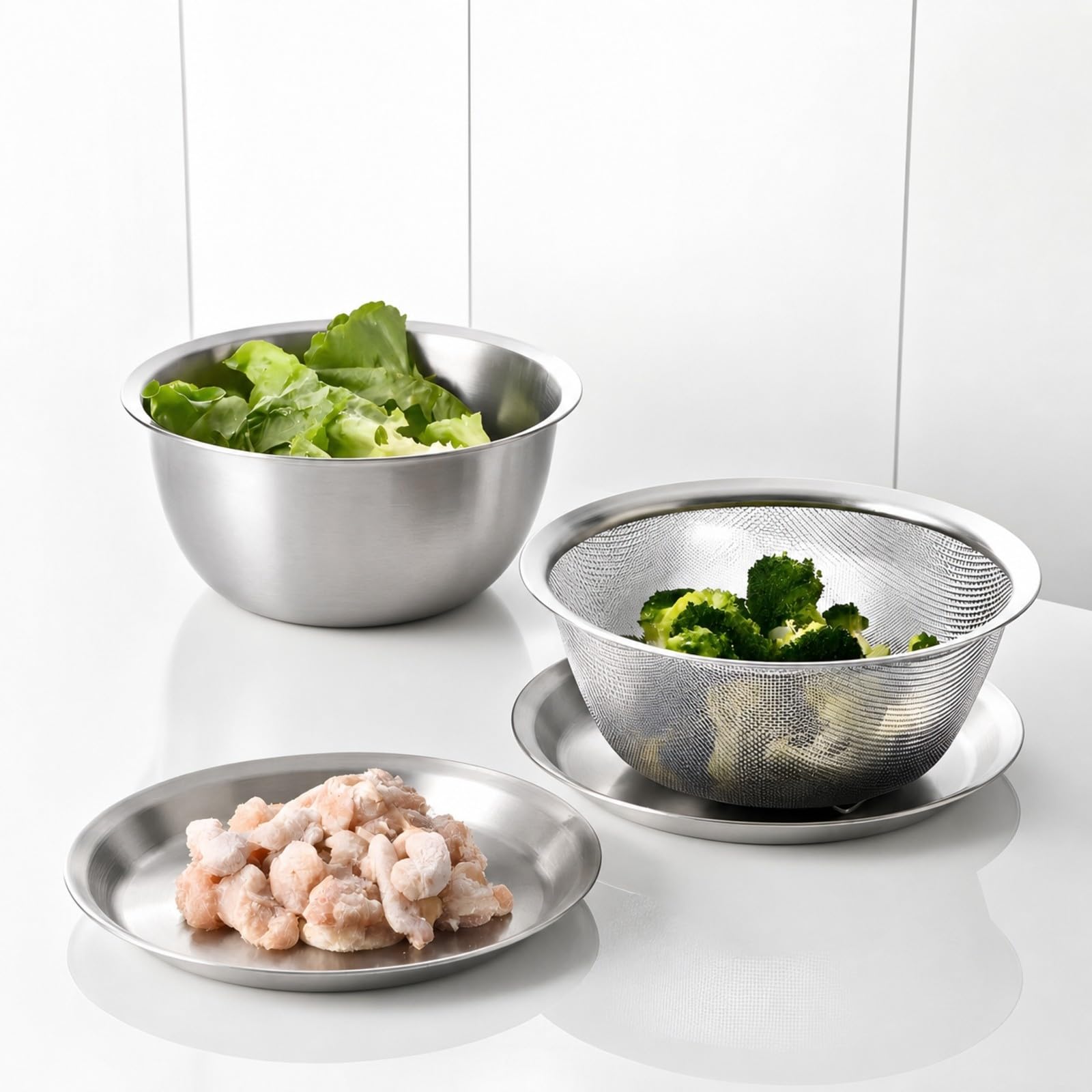 6 Pezzi Set da in Acciaio Acciaio Inossidabile Borosilicato Compatto Set da Impilabile con Cestino Drenante Salvaspazio Scolapasta
