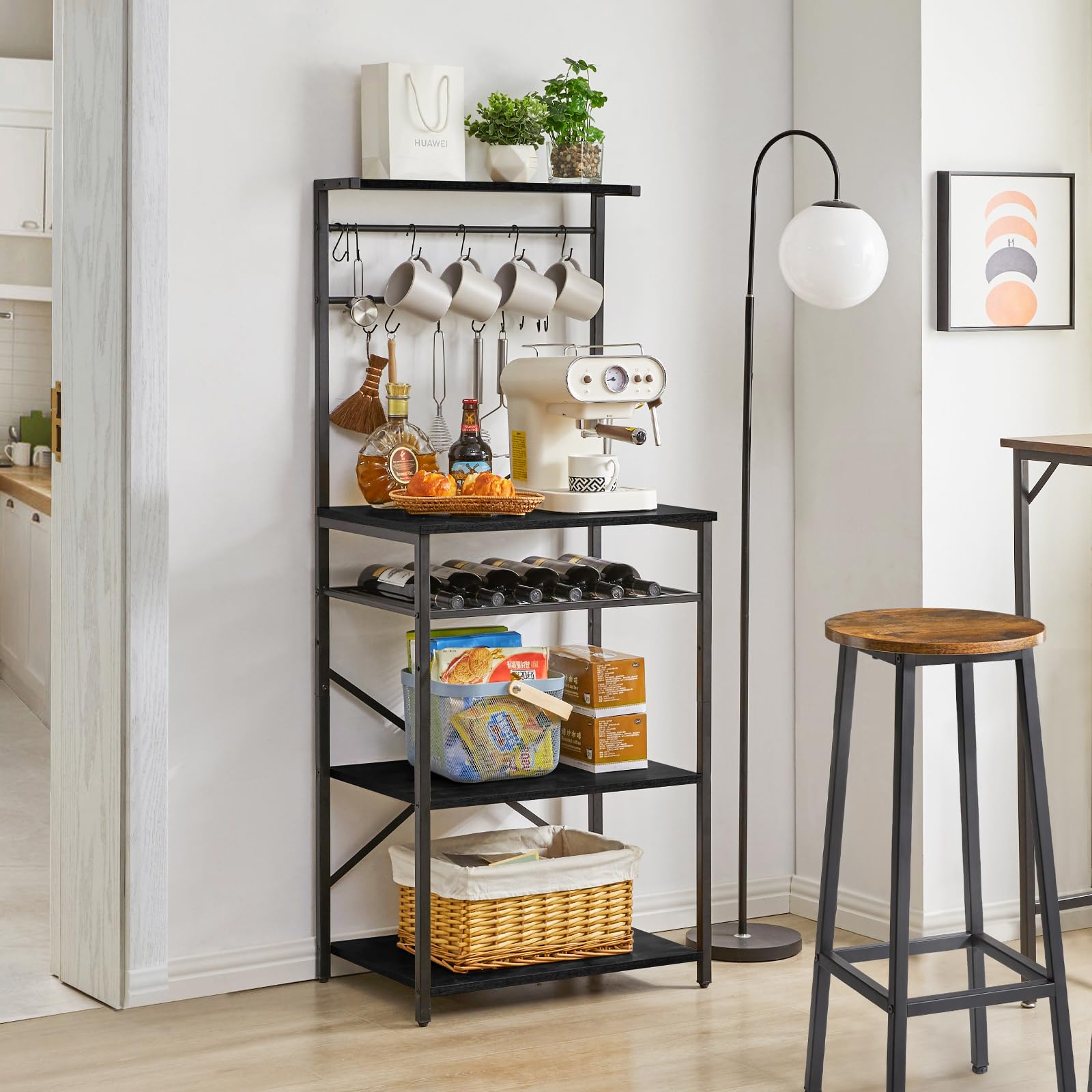 YMYNY Étagère de Cuisine, Meuble de Rangement à 4 Niveaux, Support de Micro-Ondes avec Crochets en S,Etagères de Stockage, Cadre en Métal, Style Industriel, 59 x 40 x 143 CM, Noir HBR001B