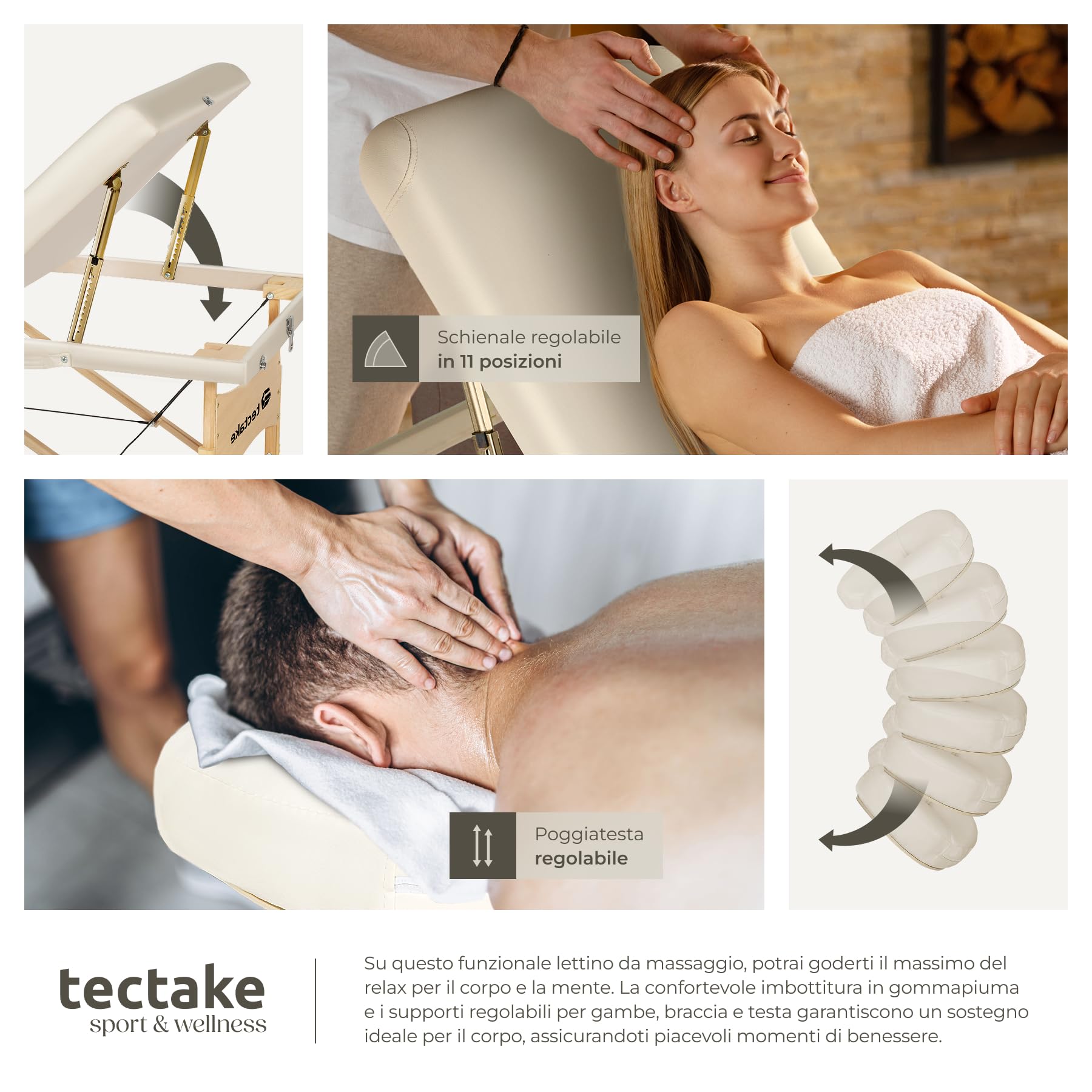 tectake® Lettino Massaggio portatile, Morbida Imbottitura, Poggiatesta, letto pieghevole, Legno, lettino estetista, fisioterapia, Lettino Tattoo - Beige