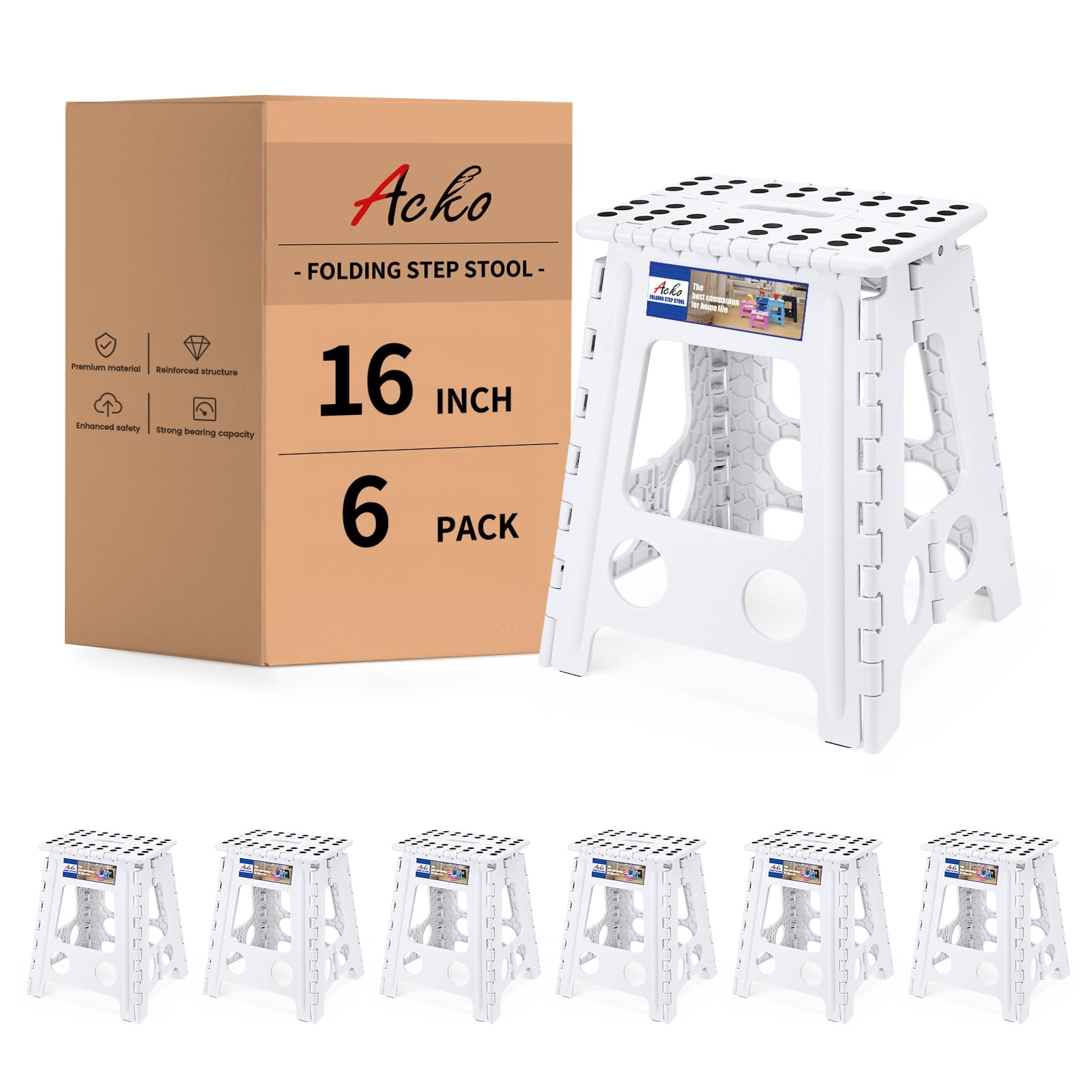 ACKO 16 Inch 6 Pack Folding Step Stool, Safety Lock, Holds 400 lbs, White