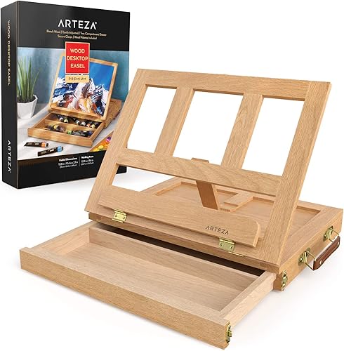 Arteza Caballete de mesa, 13.38 x 10.25 x 2 pulgadas, caja de caballete portátil de madera de haya con cajón de 2 compartimentos y paleta de madera,