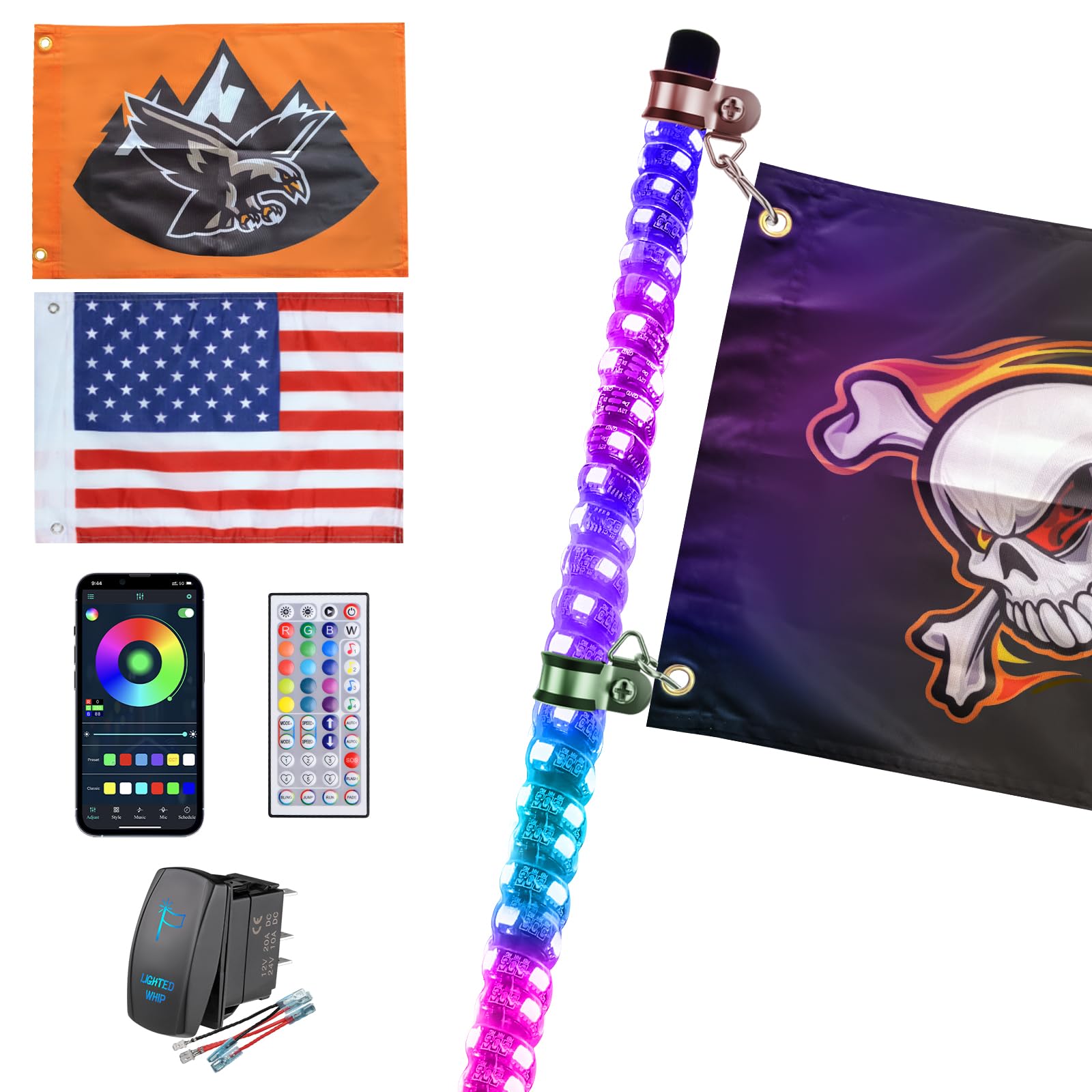 Photo 1 of 1PC 4FT LED Whip Light w/Rocker Switch & 3 Nylon Flags, 366 Modes RGB Music Chasing Lighted Antenna Whip for UTV ATV RZR Can-Am SXS Polaris Support APP & 44-Key Remote Control 4FT-Pack of 1