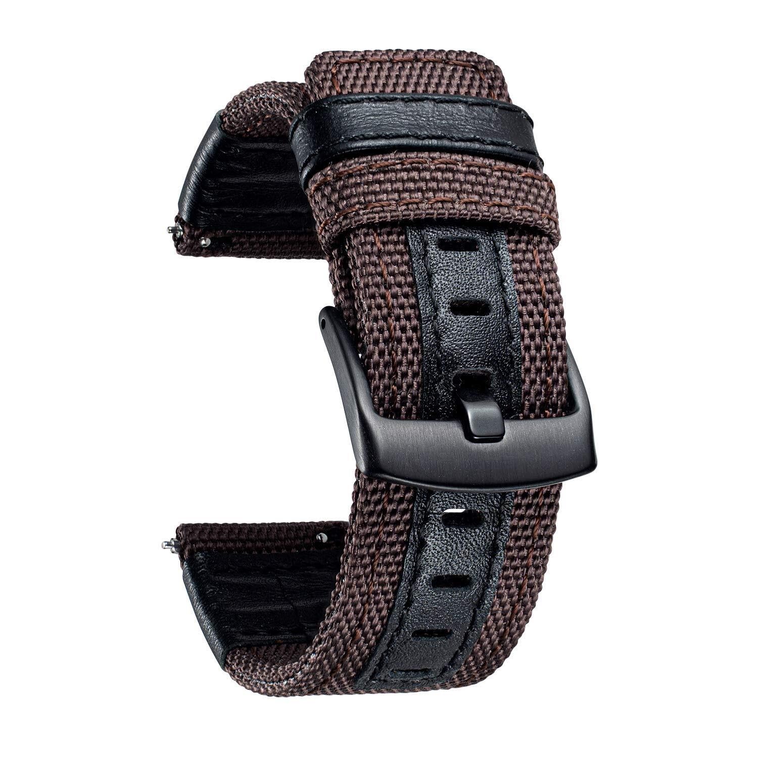 Uhrenarmbänder aus klassischem Canvas-Gewebe mit Hybrid-Armbändern aus echtem Leder. Ersatzarmband, Schwarze Schnalle, 18/20/22 mm