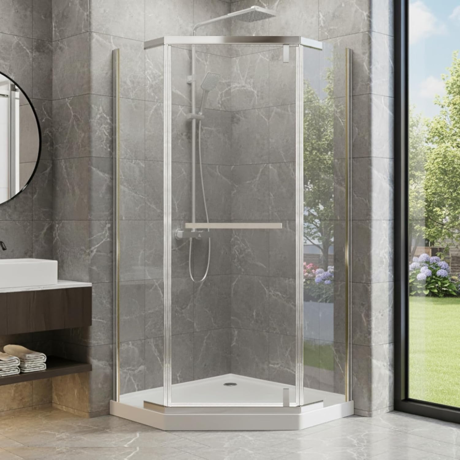 36" W x 72" H Neo-Angle Corner Shower Door, Corner Shower Enclosure, Frameless Pivot Shower Door with 6mm Clear Tempered Glass for Walk-in Showers, Matte Black Aluminum, Base Not Included