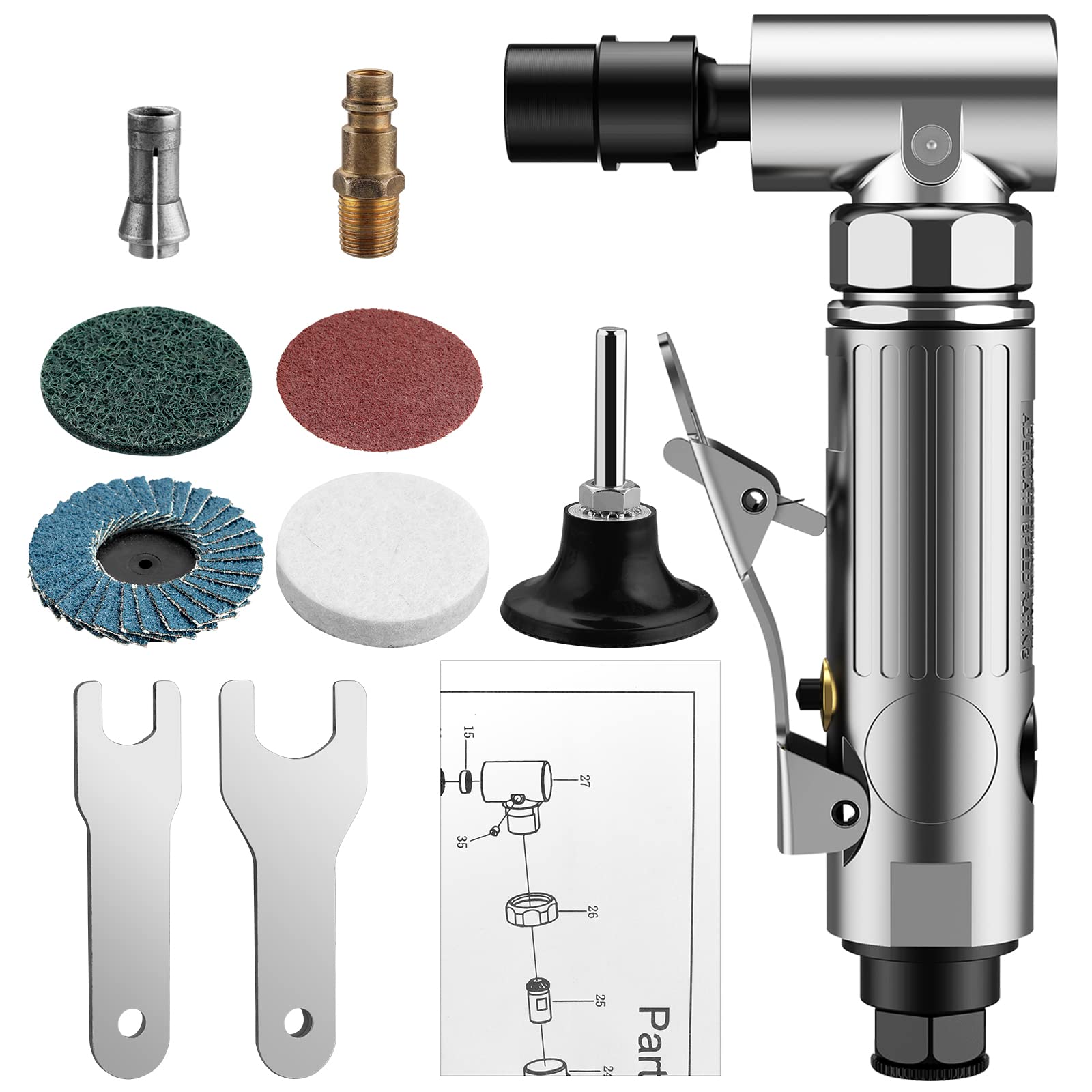 EYPINS Meuleuse d'Angle Pneumatique 1/4" 90psi (6.35 Bar) 20 000 tr/min avec 4 Disques Différents 2 Mandrins 3mm/6mm pour Préparer les Surfaces à Souder Polir et Meuler Carrosserie Lustrer