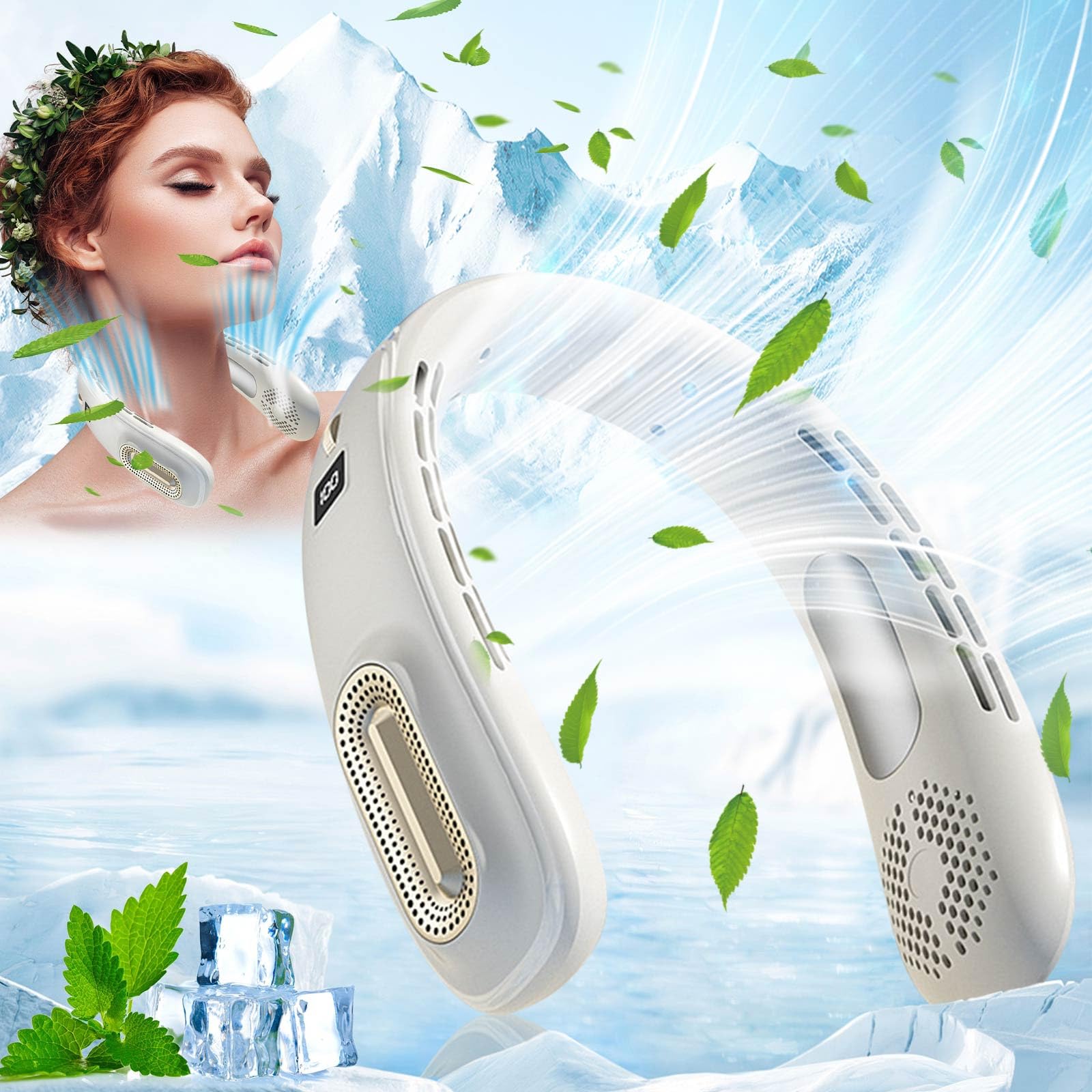 Portable USB Charging Neck-Mounted Fan, Lazy Outdoor Leafless Cool Fan Double Tec Ice Porcelain Refrigeration, 3 Layer Technology Ideal for Camping, Traveling, Hiking, Climbing and Etc #