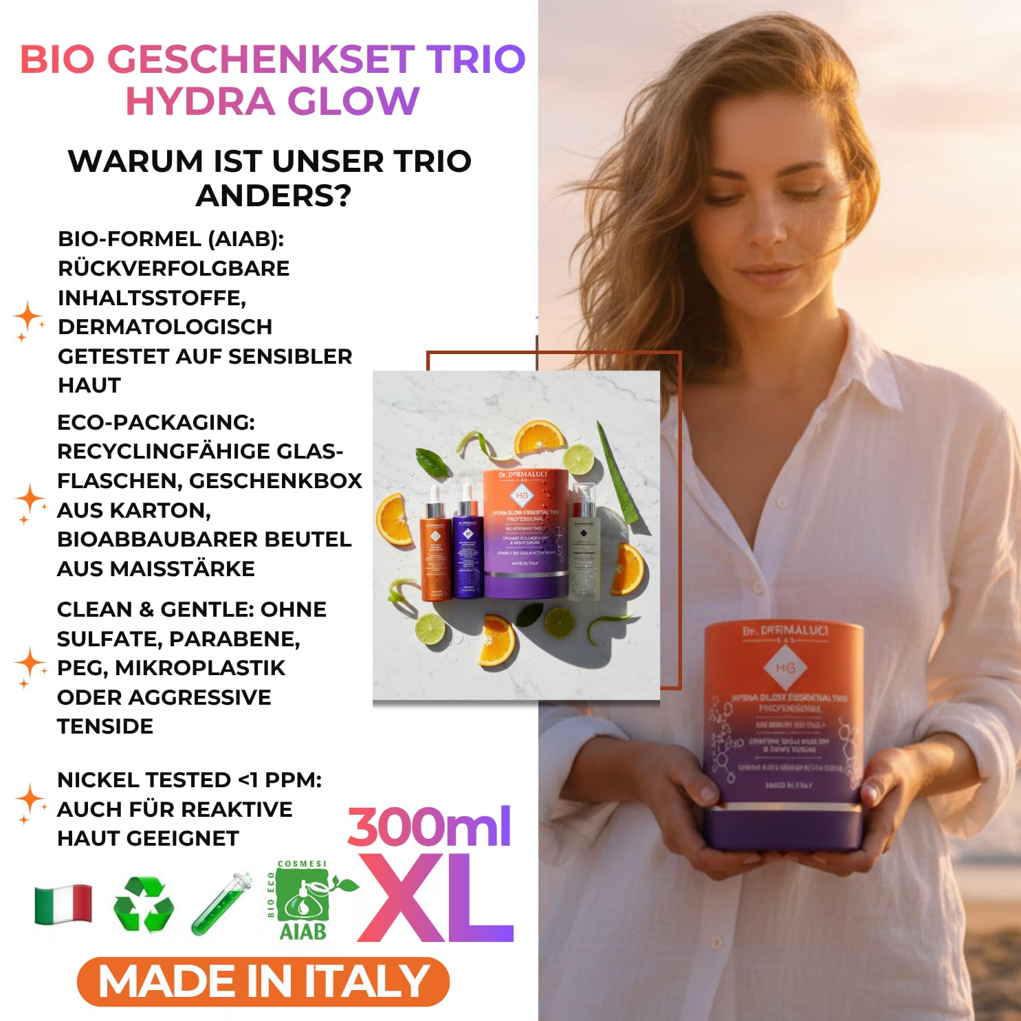 Dr. Dermaluci Lab Anti-Aging Geschenkset 3-teilig - Dermatologisch Getestet, Nickel Tested, AIAB Bio - Vitamin C Serum + Kollagen Creme + Retinol 0,1% - 3×100ml für reife & sensible Haut