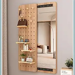 Espelho de corpo inteiro para quarto, espelho de vestir invisível para fechar, espelho de entrada montado na parede com placa de furo de armazenamento (100x30cm) (Madeira)
