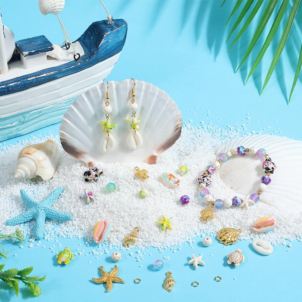 SUNNYCLUE 1 Box 252Pcs Beach Beads Kit Sea Animal Beads Starfish Shell Turtle Charm Gold Sealife Charms Seashell Bead Lucky Turquoise Bead Ocean Beads for Jewellery Making Kits Adults DIY Supplies - Image 4
