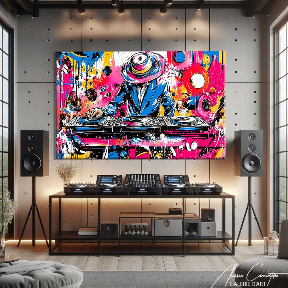 Alessio Cacciatore Quadro Street Art Pop Culture - Decorazione da parete per soggiorno, musica, tela Dj - Quadro Pop Art con cornice Xxl - decorazione da parete per camera da letto - idea regalo Dj