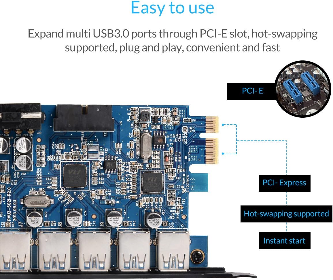 ORICO PCI-E Expansion Card Adapter with 5 USB3.0 Port Hubs and Internal USB3.0 20PIN Power Connector with VL805 and VL812 Controller for Windows Vista PC Laptop
