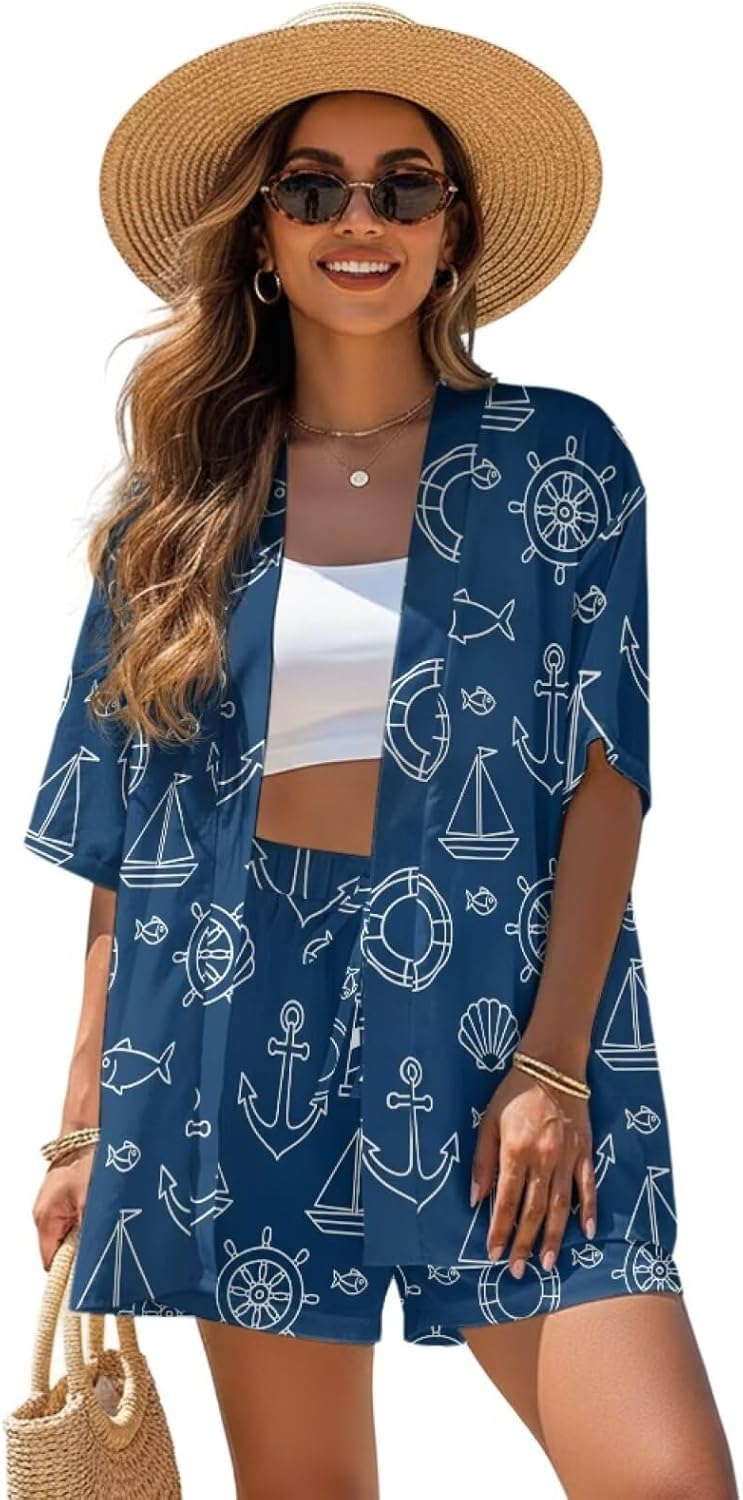 Women's 2 Piece Outfits Flowy Beach Cover Up Set Kimono Style Shirt Set Beach Vacation Outfits