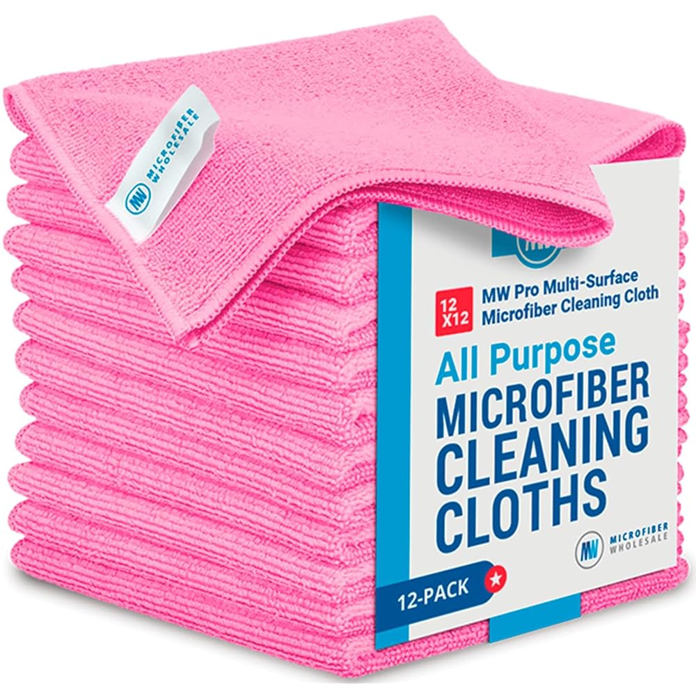 Microfiber Wholesale 12 x 12 MW Pro Multi-Surface Cleaning Cloths Pink - 12 Pack | Premium Microfiber Towels for Cleaning Glass, Kitchens, Bathrooms, Automotive, Supplies & Products