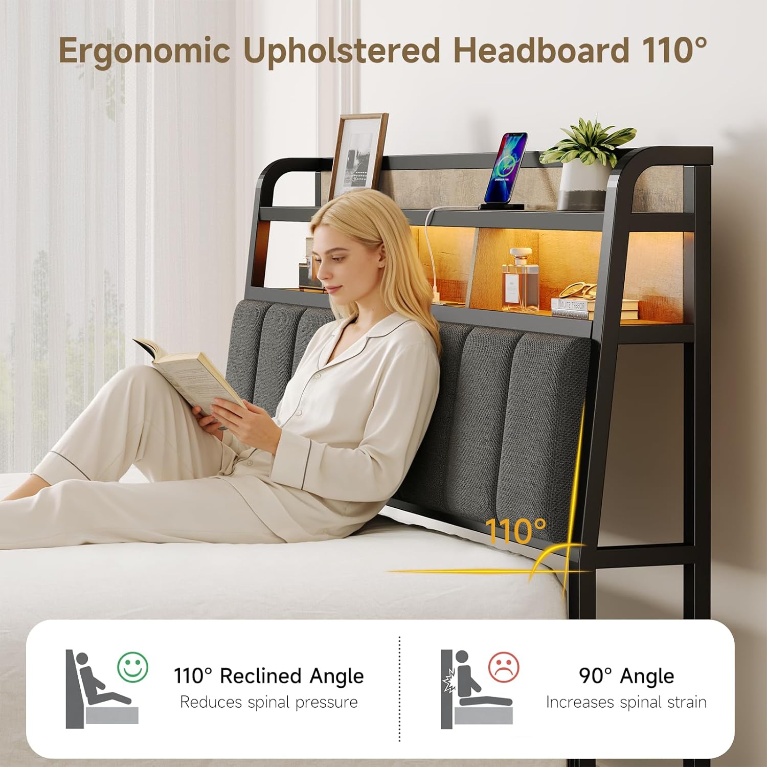Queen Size Headboard with Outlets, Upholstered Ergonomic Headboard with 2-Tier Storage, LED Light, Queen Head Board Only, Height Adjustable, Sturdy and Stable, Black & Brown