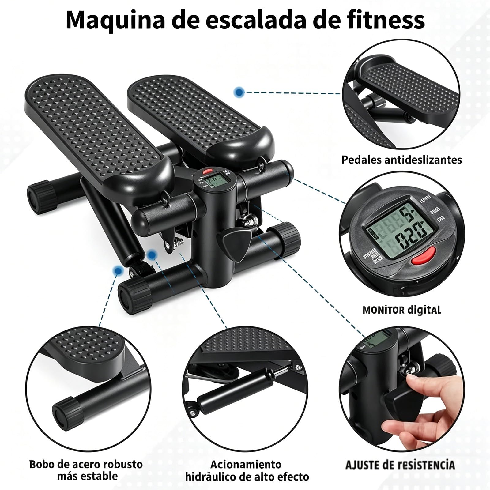 Máquina de Step para Casa, Mini Esccaladora Portátil con Bandas Elásticas y Resistencia Ajustable, Cardio Bajo Impacto con Monitor LCD – Silenciosa para Piernas y Glúteos