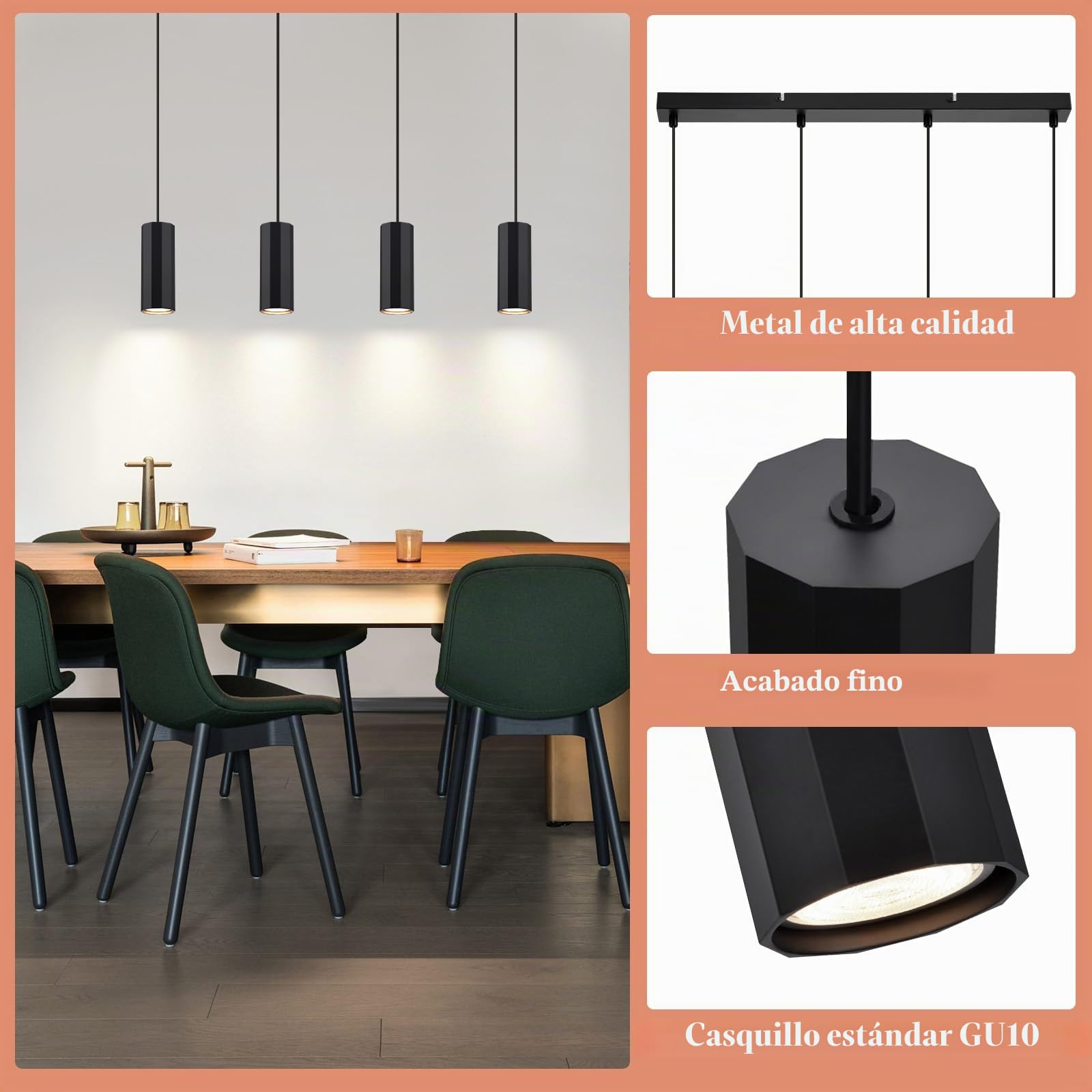 Glitzerlife Lámpara Colgante Mesa de Comedor Negro 4 Bombillas GU10 | Lámpara de Comedor Industrial Moderna de Metal para Interior Cocina Dormitorio